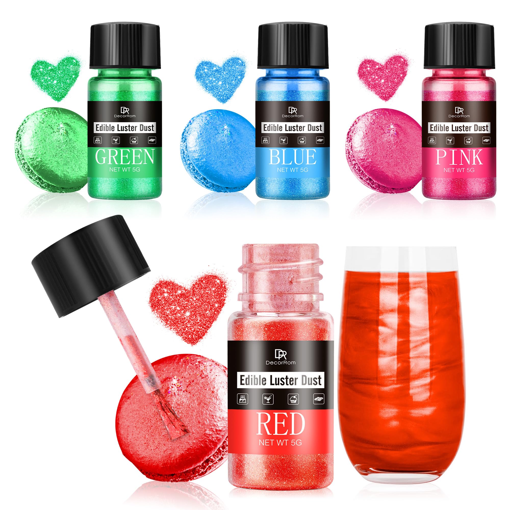 Edible Glitter Set for Drinks - 4 Colours Food Grade, 20g Edible Glitter Powder & Luster Dust for Cake Decorating, Baking, Cupcakes, Cookies, Fondant, Chocolate, Buttercream - DIY Edible Glitter Art