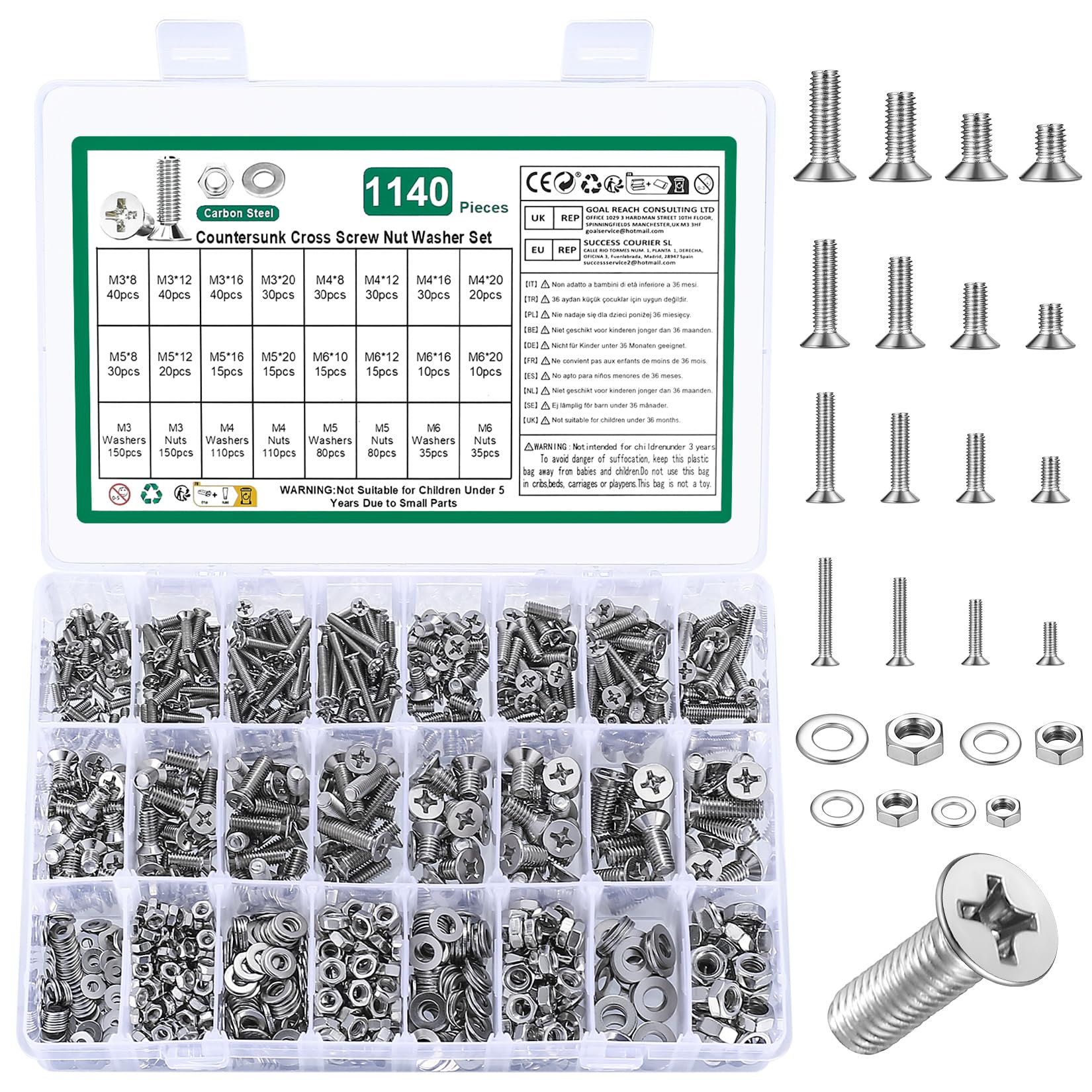 290 stuks M5 schroevenset, zinken kopschroeven moerenset, roestvrijstalen platte kopschroeven met moeren, kruiskopschroeven machineschroeven assortiment, draadschrouwen en moerenset (M5