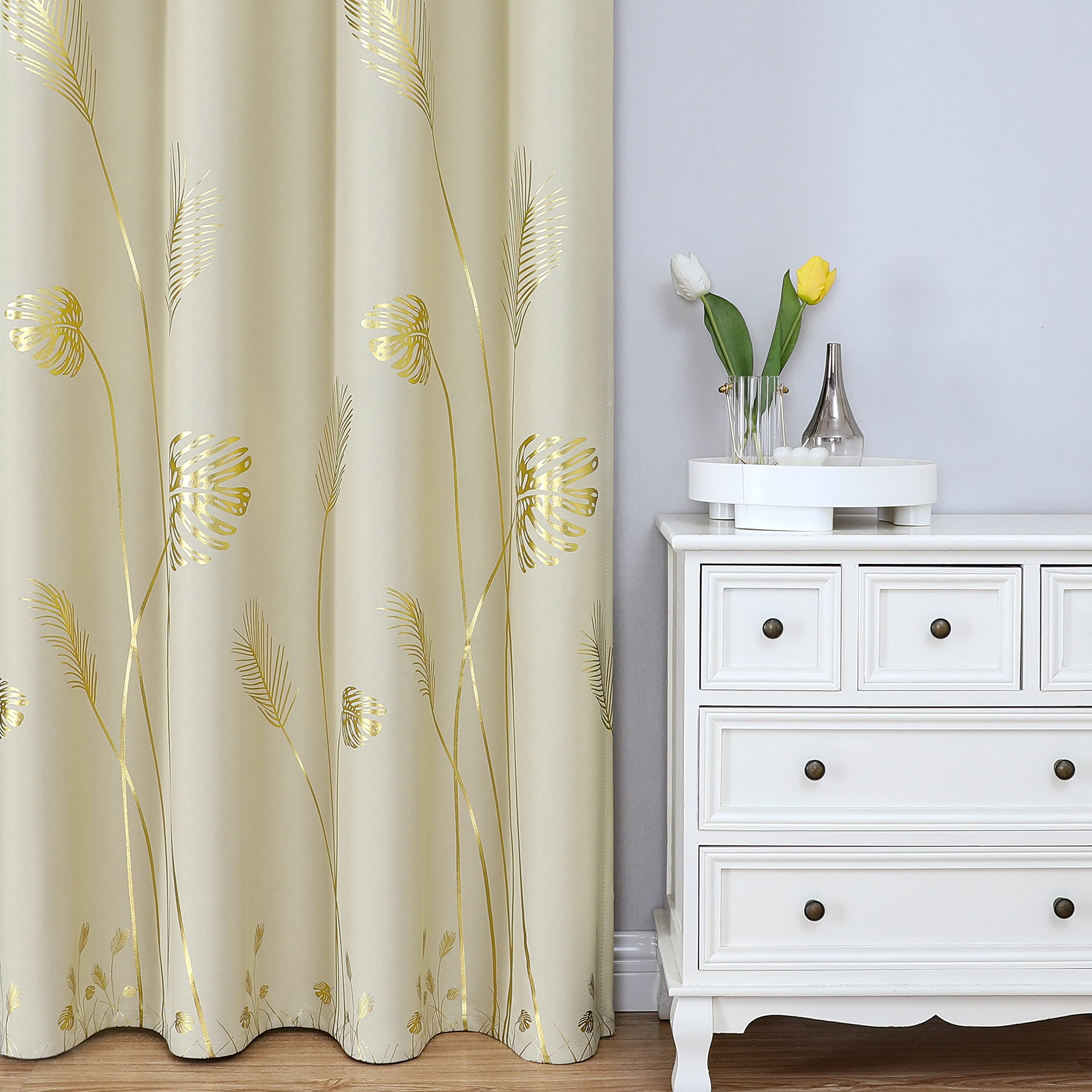 Condition photo showing As Is for estelar textiler thermal insulated blackout curtains 108 inches long with field style gold leaf and wheat printed room darkening curtains for living room sliding door, 52wx108l, beige, 2 drapes