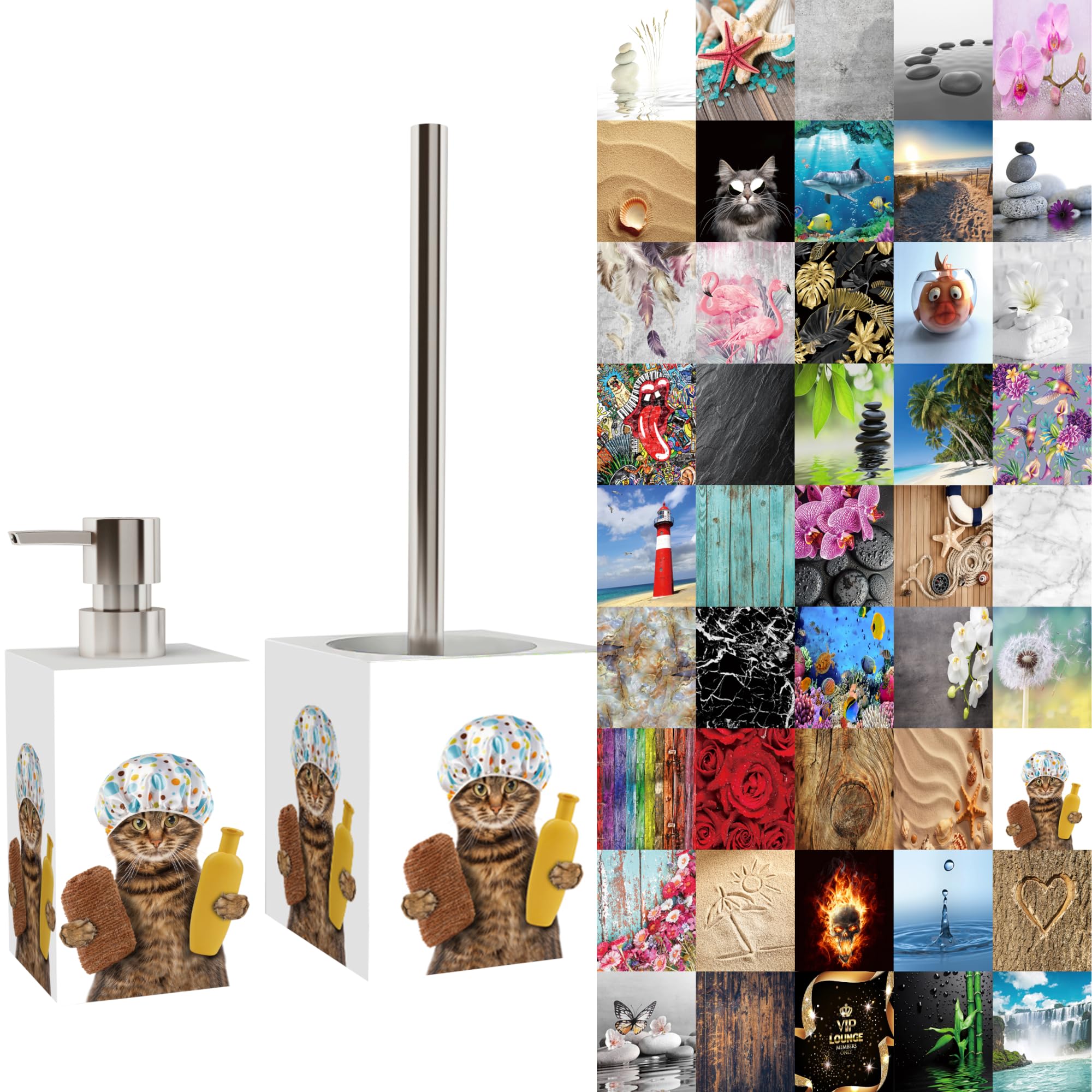 Premium Bathroom Set | Great Range | Soap Dispenser and Toilet Brush | Beautiful designs surface (Shower Cat)