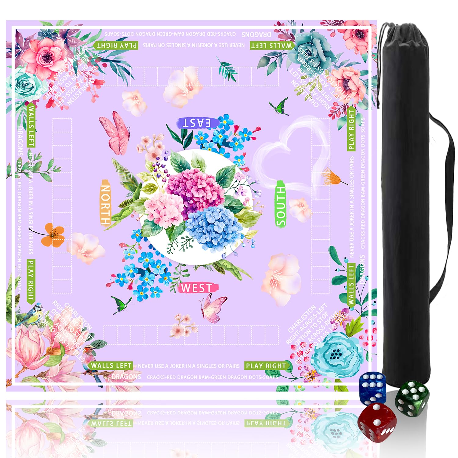 Mahjong mat for Table/31.5lnch/American Mahjong Table Cloth with Rules mats with Drawstring Bag, Noise ReductionAnti-Slip Game mat for Table, for Mahiona/PokerBoard Games/Card Games (Light purple)