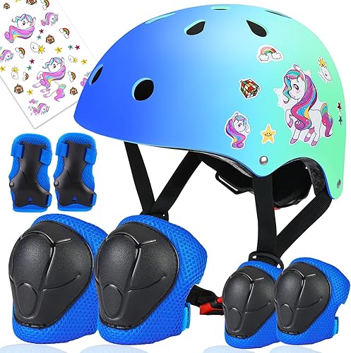 Wemfg Casco ajustable de color degradado para niños, conjunto de equipo de protección para niños de 3 a 8 años, casco de ciclismo con rodilleras,