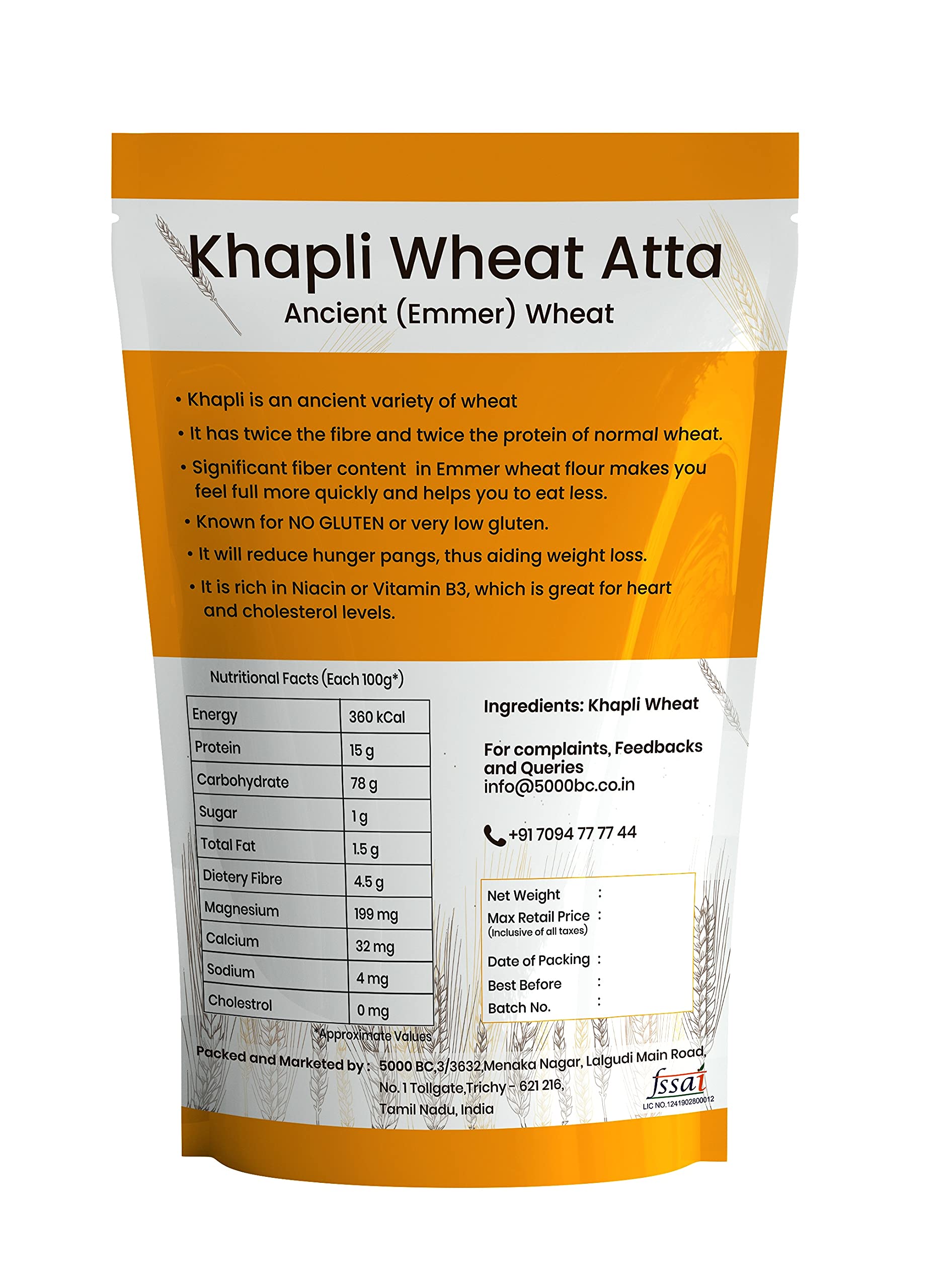 Buy 5000 BC Khapli Wheat Atta (250g) Stone Ground Emmer Long Wheat
