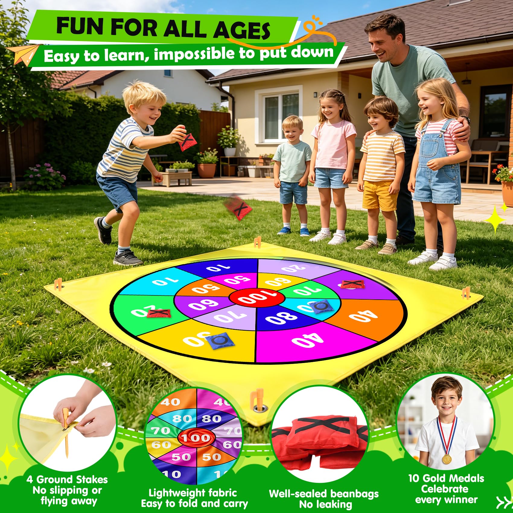 Jeu 2 en 1 Géant Tic Tac Toe & Lancer de Beanbags pour Enfants et Adultes – 1,47 m avec 10 Sacs de Lancer, Recto Verso – Idéal pour Jardin, Plage, Camping & Fêtes de Famille