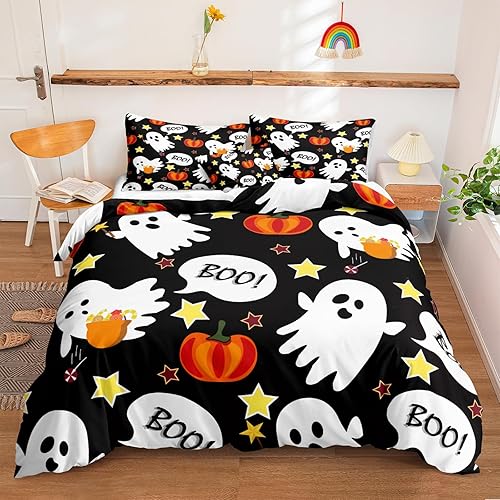 Herside Juego de funda de edredón de Halloween, tamaño Queen, para niños, adolescentes, lindo patrón de fantasma y calabaza, juego de ropa de cama