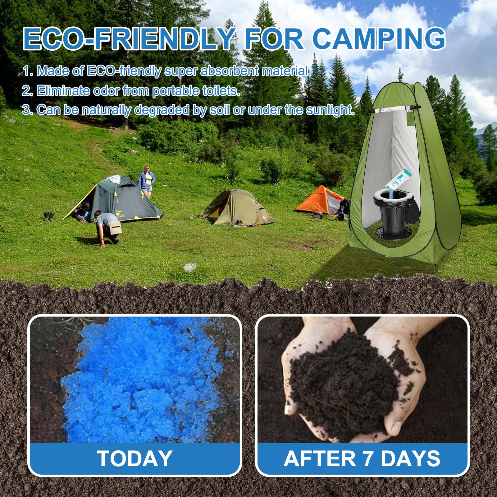 BLIKA Gel absorbente de inodoro portátil, polvo de gel de inodoro para camping, gel de residuos líquidos de orina para control de olores, gel absorbente ecológico, polvo de orina para acampar al aire