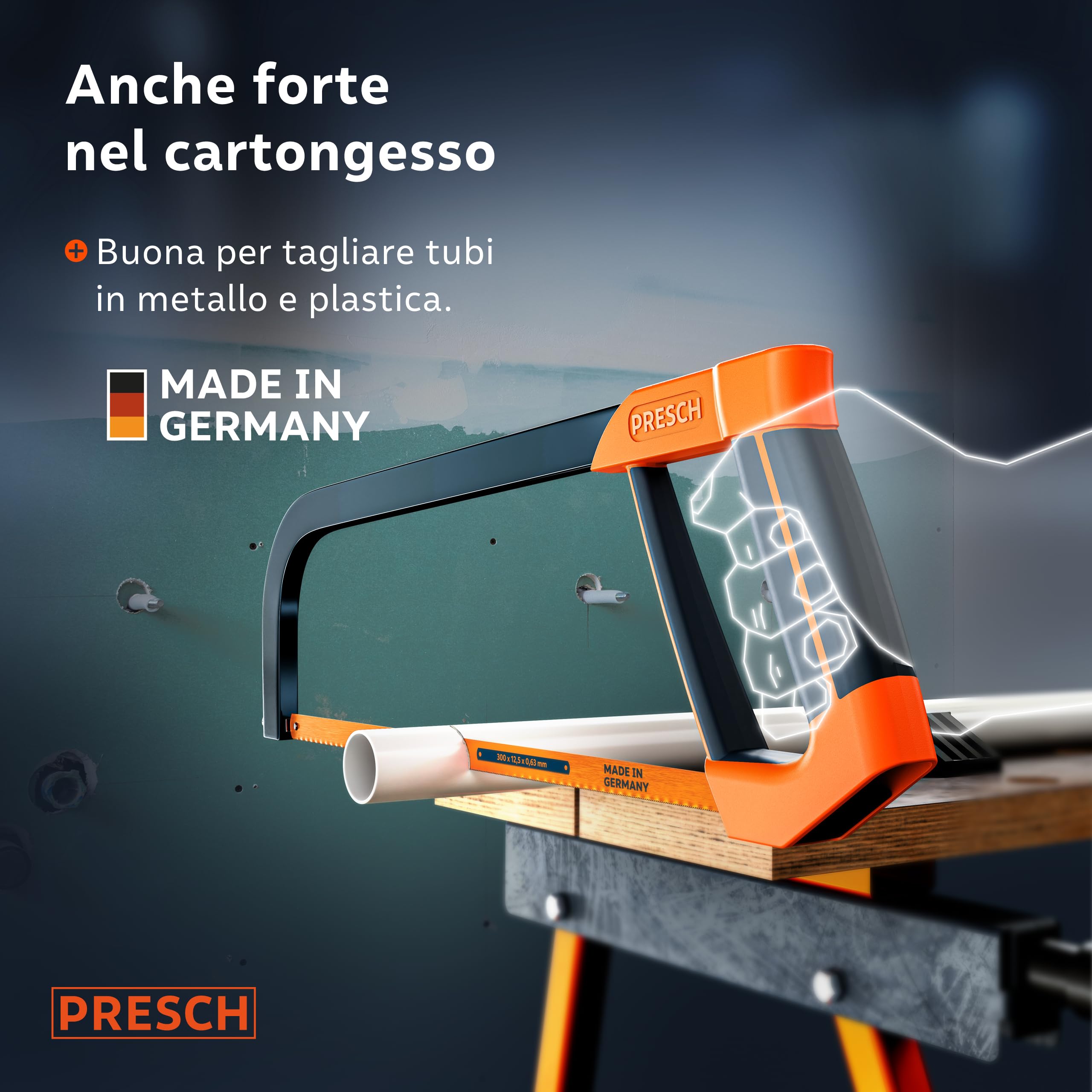 Presch Seghetto per metallo 300mm - Con lama in metallo BI per un taglio preciso - Rotazione della lama di 90° per tagli orizzontali e verticali - Manico ergonomico con chiave di tensione inclusa