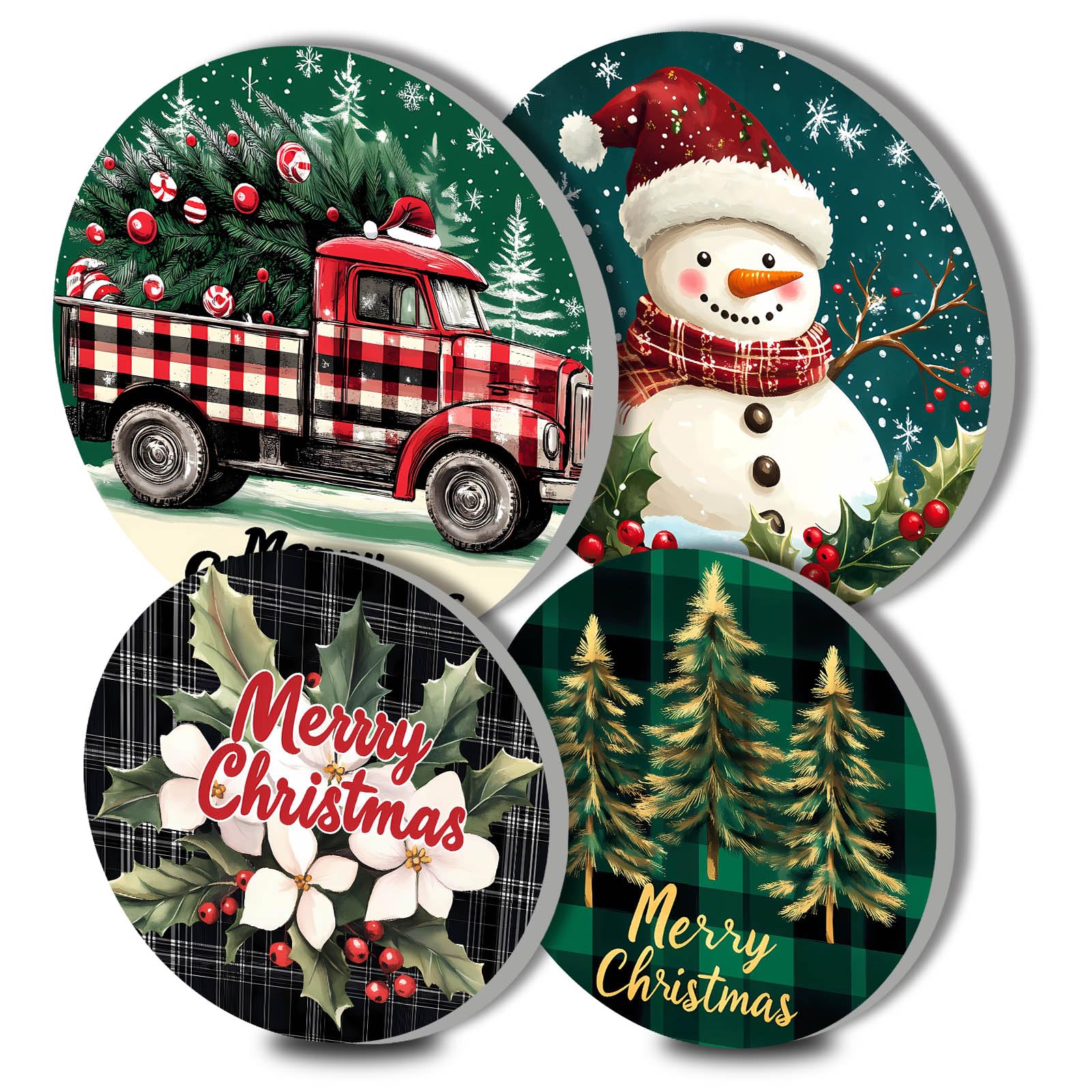Christmas Truck Electric Stove Burner Covers，4 Pcs Merry Christmas Round Stove Burner Covers,Snowman Stove Burner Cover,8 Inch and 10 Inch Christmas Tree Metal Cooktop Home Decorative