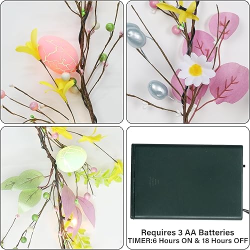 Miniatura 6 de DR.DUDU Guirnalda de Pascua de 6 pies con huevos de Pascua, guirnalda floral artificial preiluminada, decoración de primavera para interiores y
