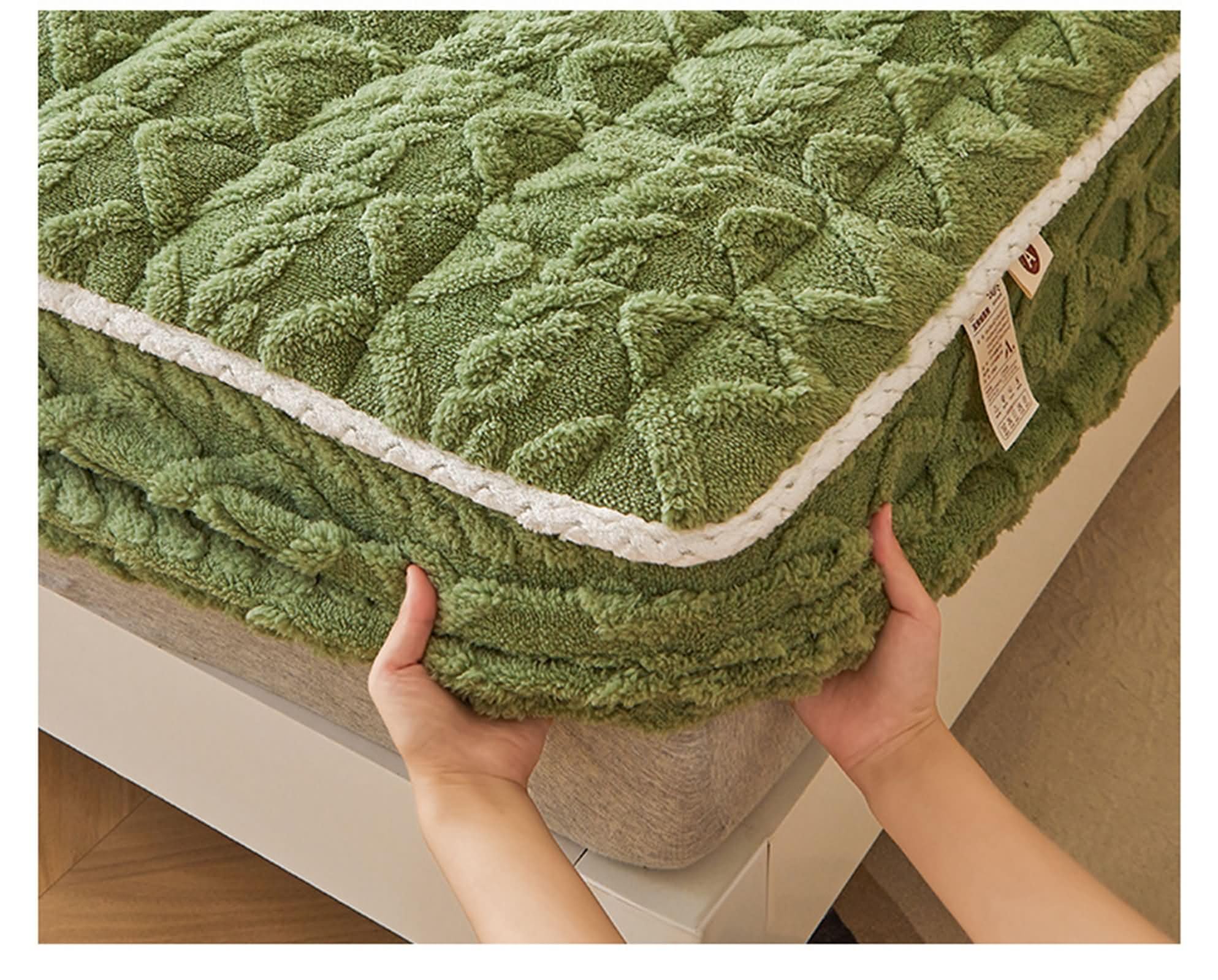 Sábana bajera ajustable de franela de color sólido con patrón de rombos y 2 fundas de almohada, fácil cuidado | Verde, Super King (200 x 220 cm)