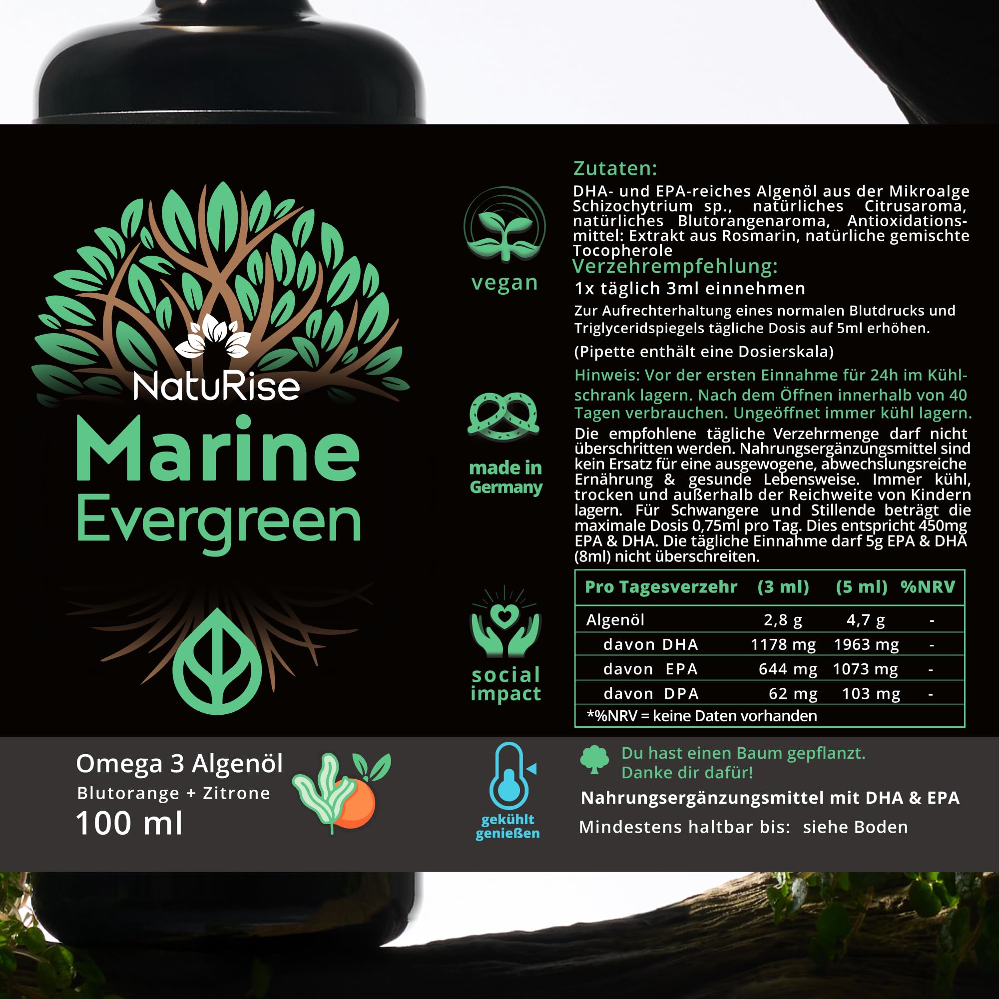NatuRise® Omega 3 Vegan - 4700mg Algenöl pro Tag davon 3139mg Omega 3 (DHA, EPA & DPA) - Hochdosiert – 100ml – Laborgeprüft– Pipette mit Dosierskala - UV-Glas (Blutorange & Zitrone)