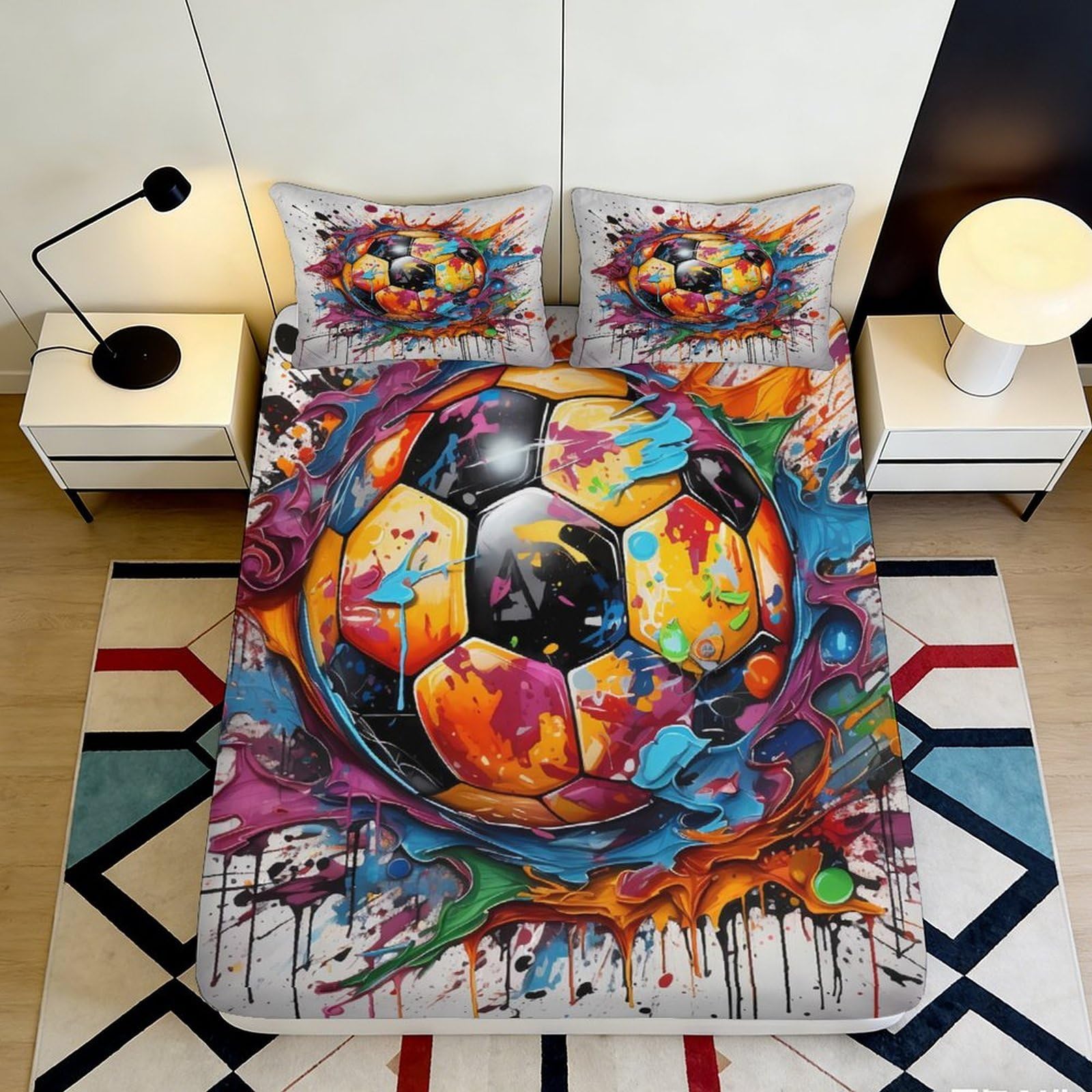 Jqzkxnhpbr Style-4 3D Printed Graffiti Soccer Fitted Sheet Microfiber Colourful Art Bed Sheet For Bedroom Guest Room Mattress Decor 90X200x25cm
