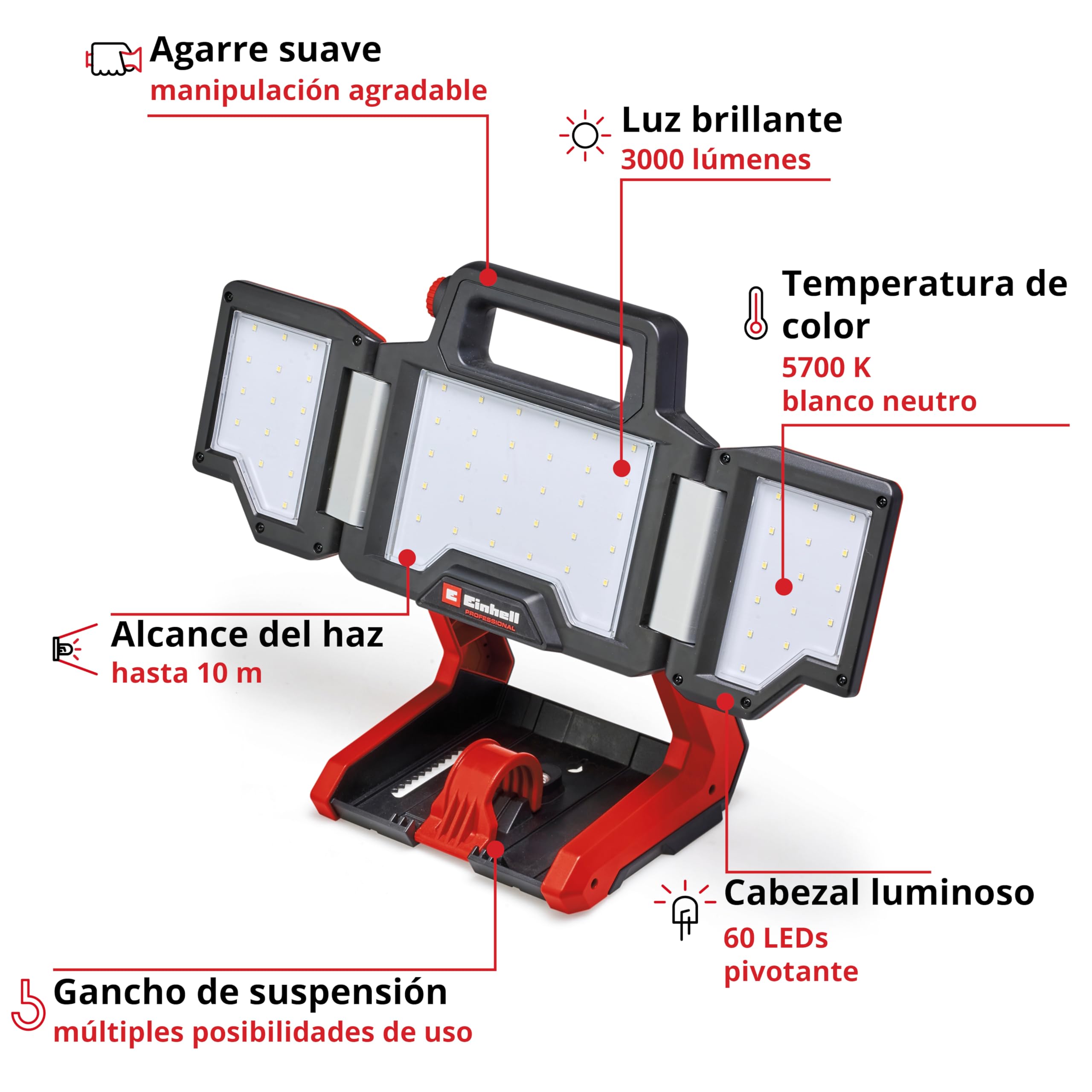 Einhell Professional Lámpara con batería TP-CL 18/3000 Li Set-Solo | PXC | 18 V | 3000 lm regulable | 5700 K | cabezal iluminación pivotante | paneles luminosos plegables | trípode | sin batería