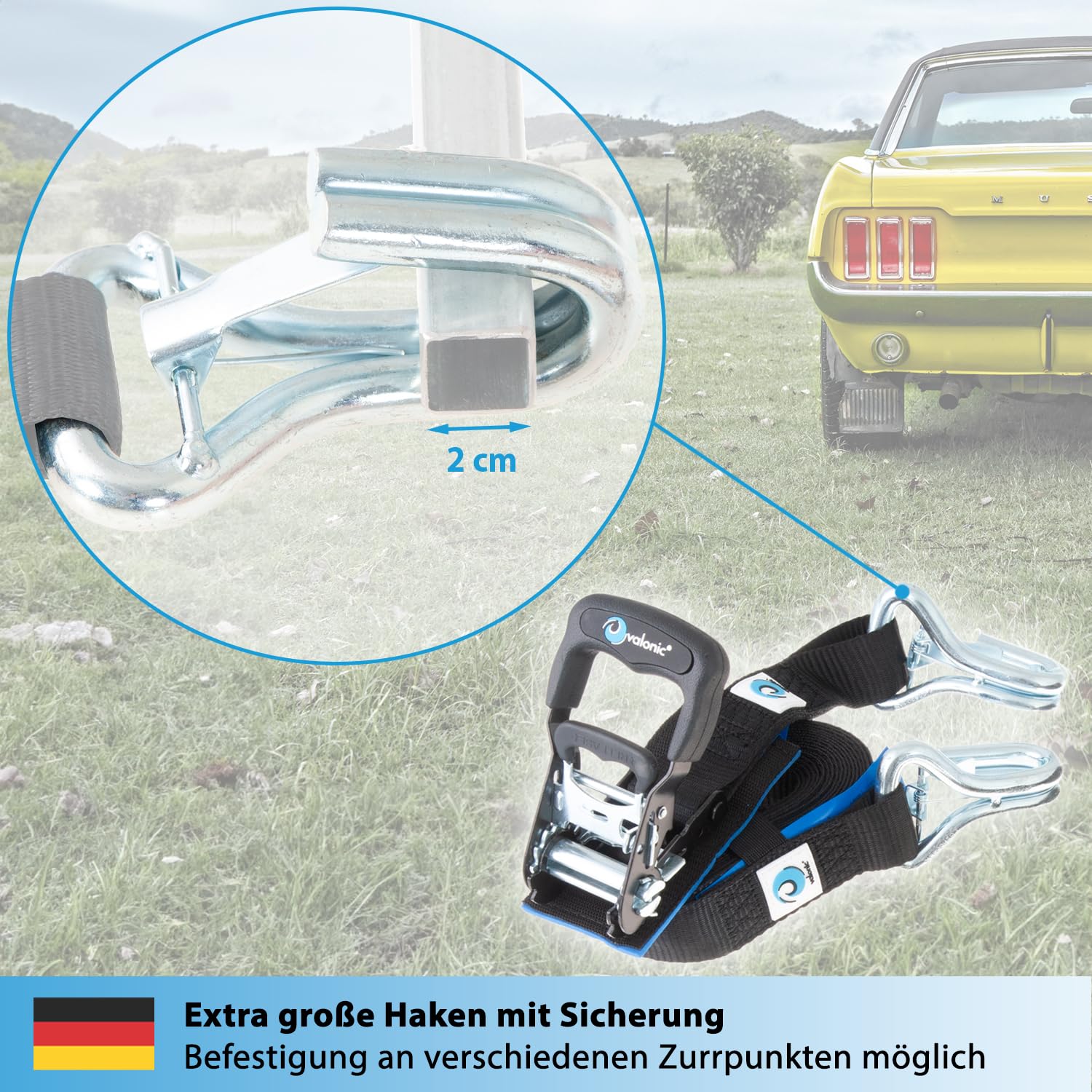 valonic Buffalo - 2X 6m Spanngurte mit Haken, Blaue Fahne, 38mm, 1000/2000 Kg, mit Polsterung, DIN EN 12195-2 - zweiteilig, Transport Gurt mit Ratsche für LKW, Anhänger