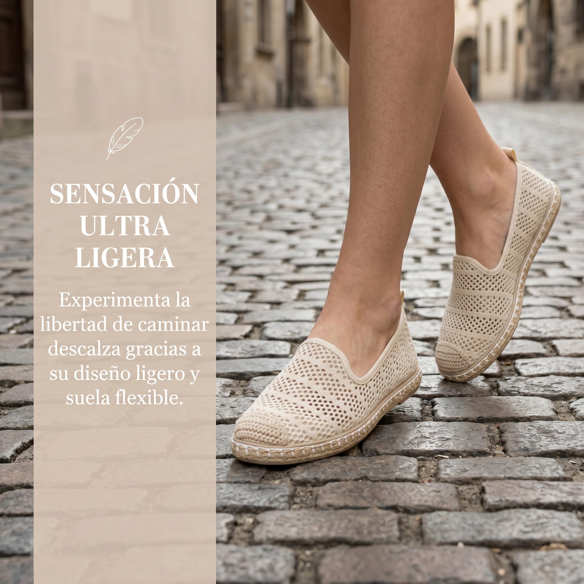GLAMORA Alpargatas Mujer Caladas Slip On Punto Transpirable Zapato Plano Ligero Flexible Suela Goma Efecto Esparto Crochet Puntera Cerrada Comodo Verano Sin Cordones