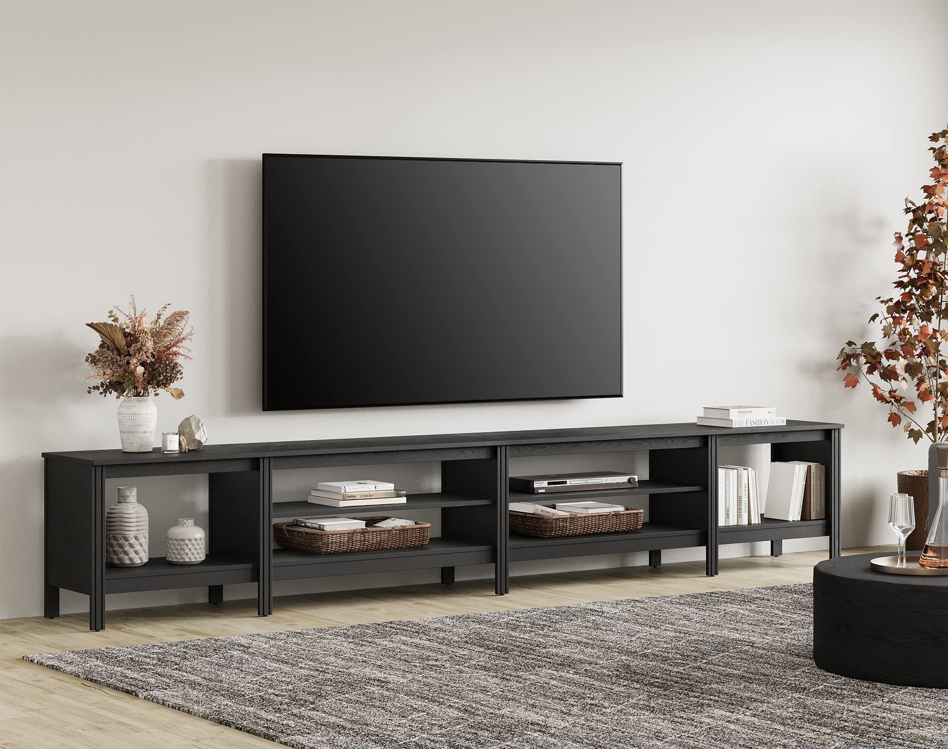 WAMPAT Farmhouse TV Stand for 100 Inch TV, Wood Entertainment Center for 80 85 90 95 inch TV Console Table with 6 Cubby Storage for Living Room Bedroom, Black