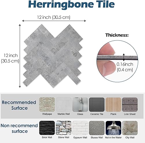 Miniatura 7 de Yipscazo Azulejos gruesos de 10 hojas de espiga para despegar y pegar, azulejos de pared de cemento gris de PVC 3D de 12 x 12 pulgadas para