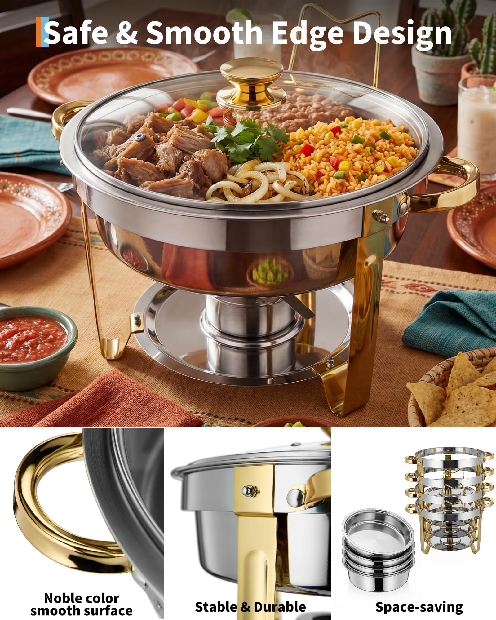 Scaldavivande rotondi in acciaio inox da 5 l, con coperchio e porta carburante, per buffet, feste, matrimoni, catering, banchetti, ideali per riscaldamento e raffreddamento, confezione da 2