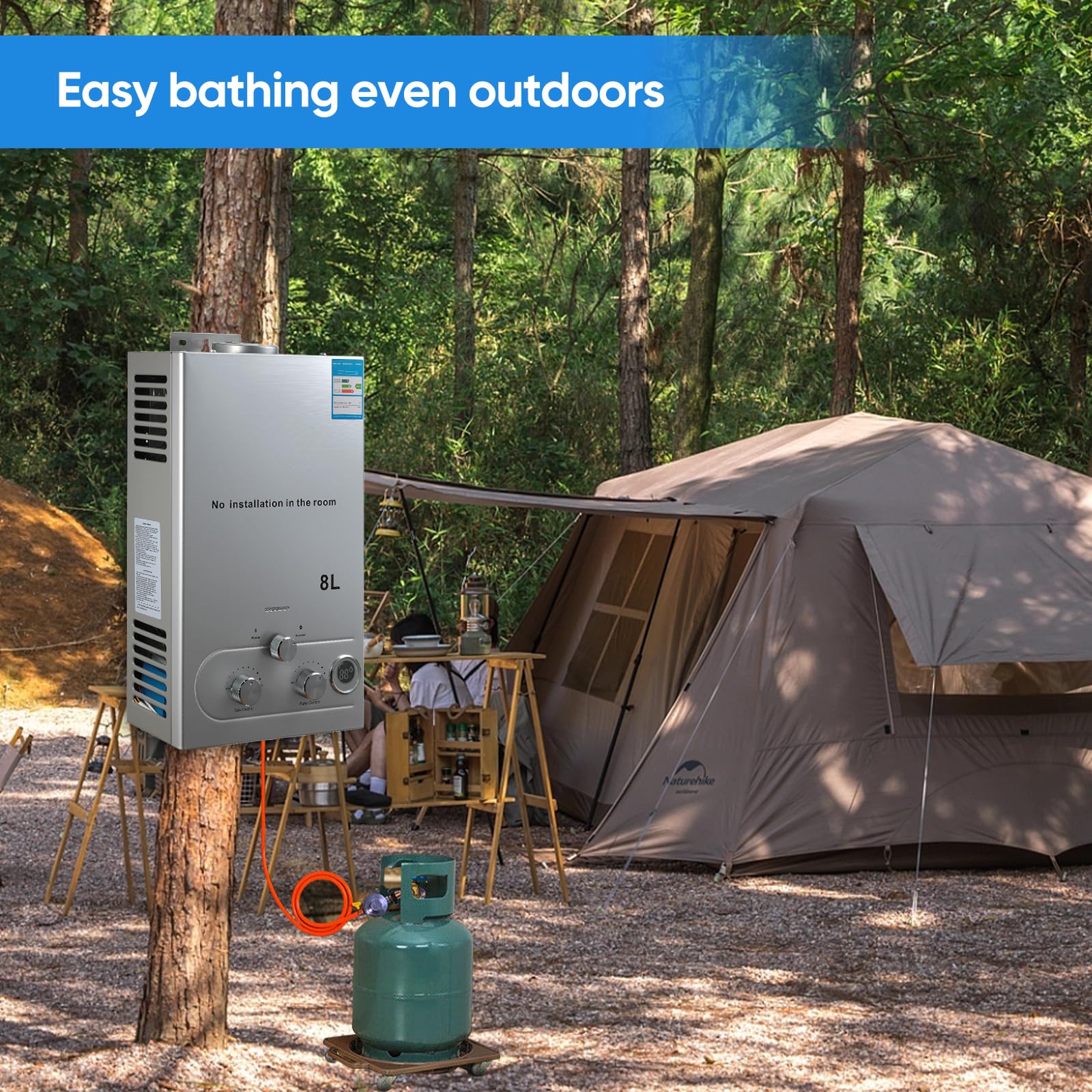 Chauffe-Eau à Gaz GPL, Chauffe Eau Instantané Gaz, Modes Hiver Et éTé, Protection Contre La Surchauffe, Avec Pomme De Douche Et Plomberie, Pour La Maison, ExtéRieur, Camping Car (6L, 12kw)