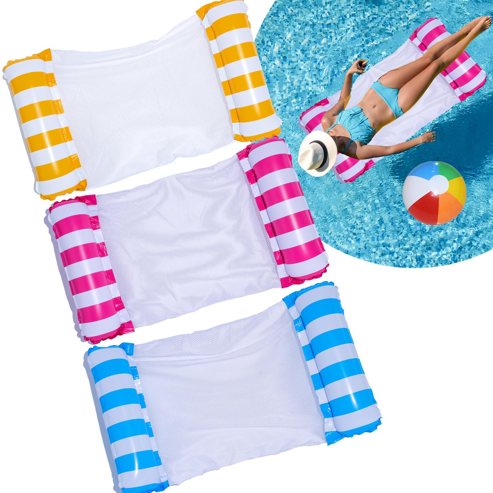 3 Pack Pool Float Water Hammock for Adults, Inflatable hammock for Swimming Pool Float, 4-in-1Multi-Purpose Inflatable Hammock Bed Raft Recliner Float Lounger with a Manual Air Pump