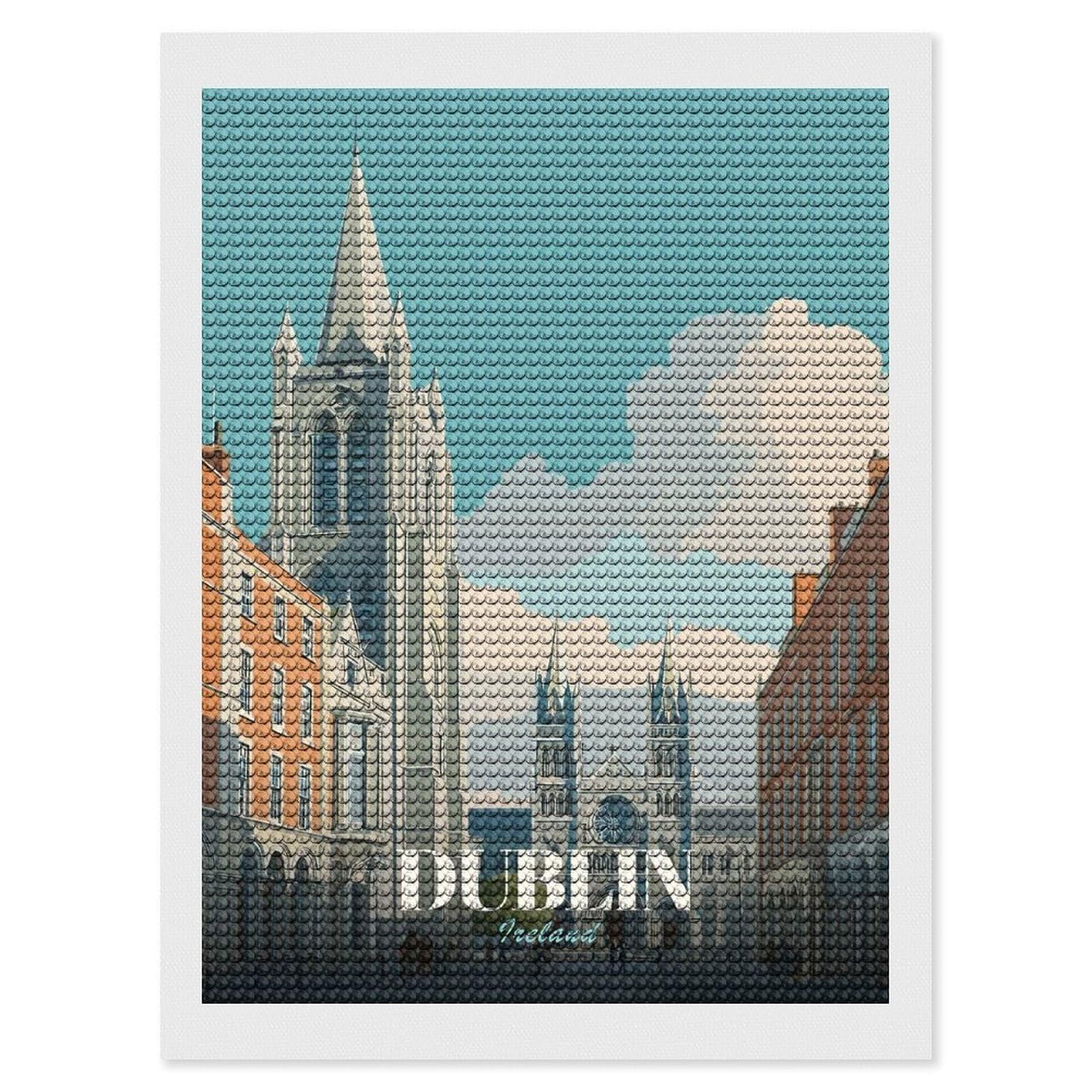 Junmoney Dublin Ireland Cityscape Travel Diamond Art Kit 12"x16", for Beginners, Vintage Style Decor, Good for Quiet Evenings, Festive Craft Gift