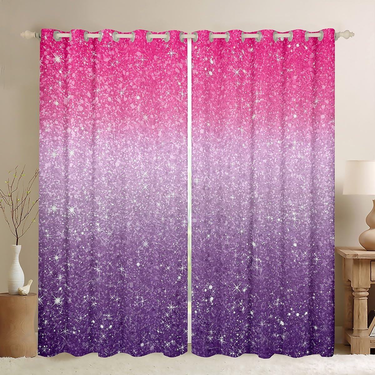 Colorful Glitter Print (No Glitter) Pink Purple Blackout Curtains(30%-50%) Magical Fantasy Curtain Darkening Window Dreapes for BedFairy Dreamy