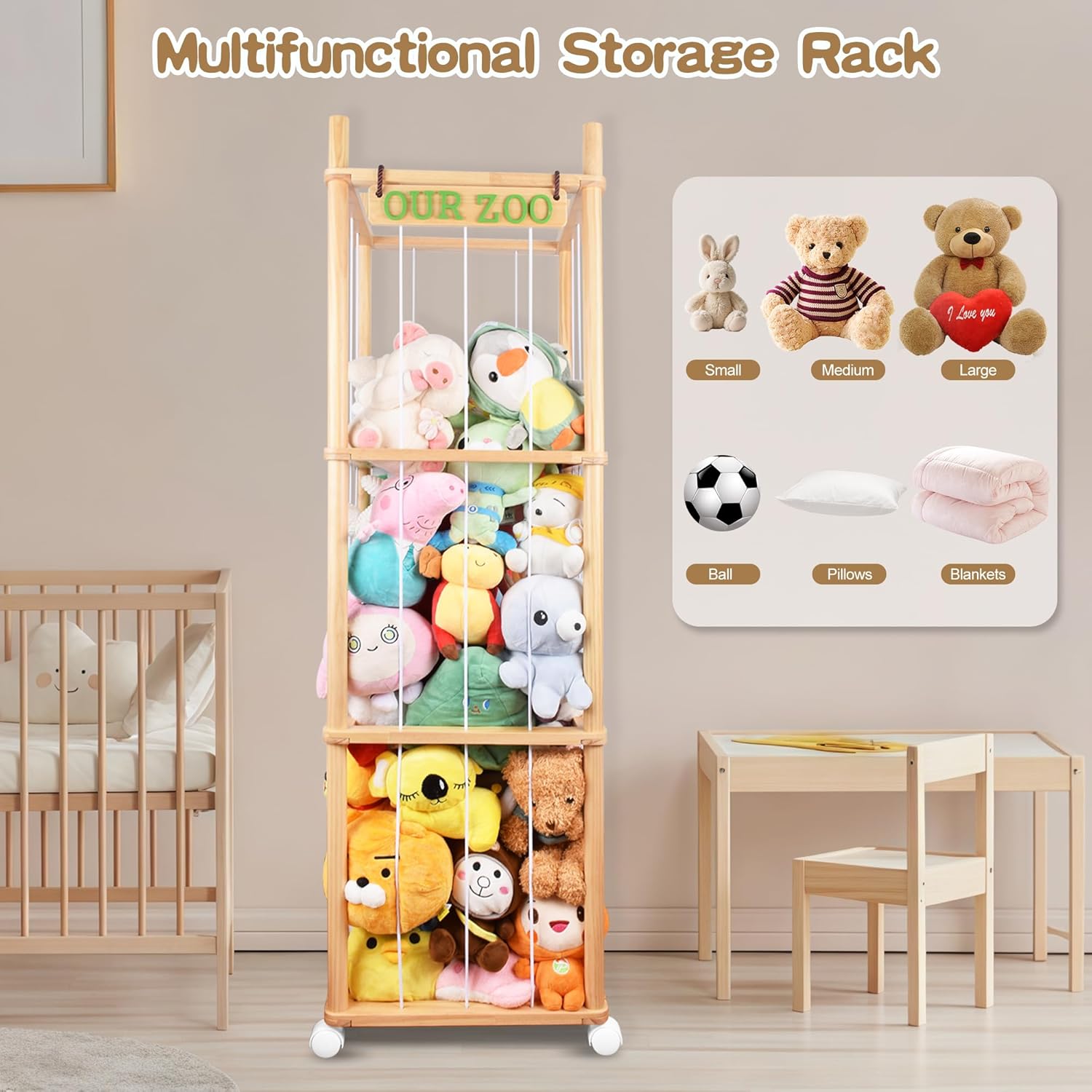 Stuffed Animal Holder with Wheels Wooden Stuffed Animal Storage 54" Stuffed Animal Organizer Space Saving Plushies Storage with Elastic Band Large Capacity Stuffy Storage for Playroom Bedroom - Image 6
