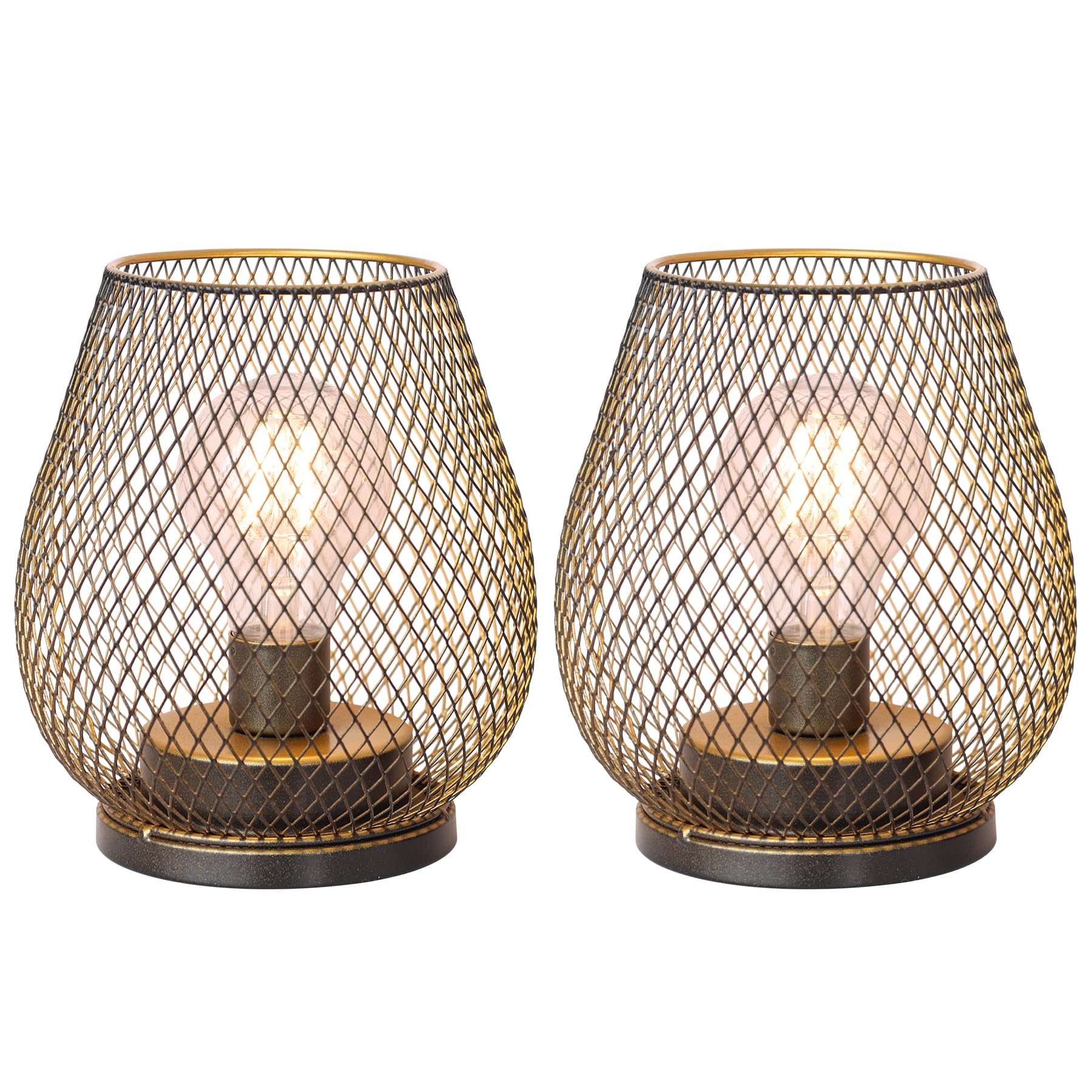 DECORKEY Set of 2 Battery Operated Lamp LED Table Lantern, Golden Metal Cage Cordless Lamps with LED Bulb，Vintage Decorative Outdoor Lantern for Weddings, Parties, Patio, Events for Indoor Shelf Decor