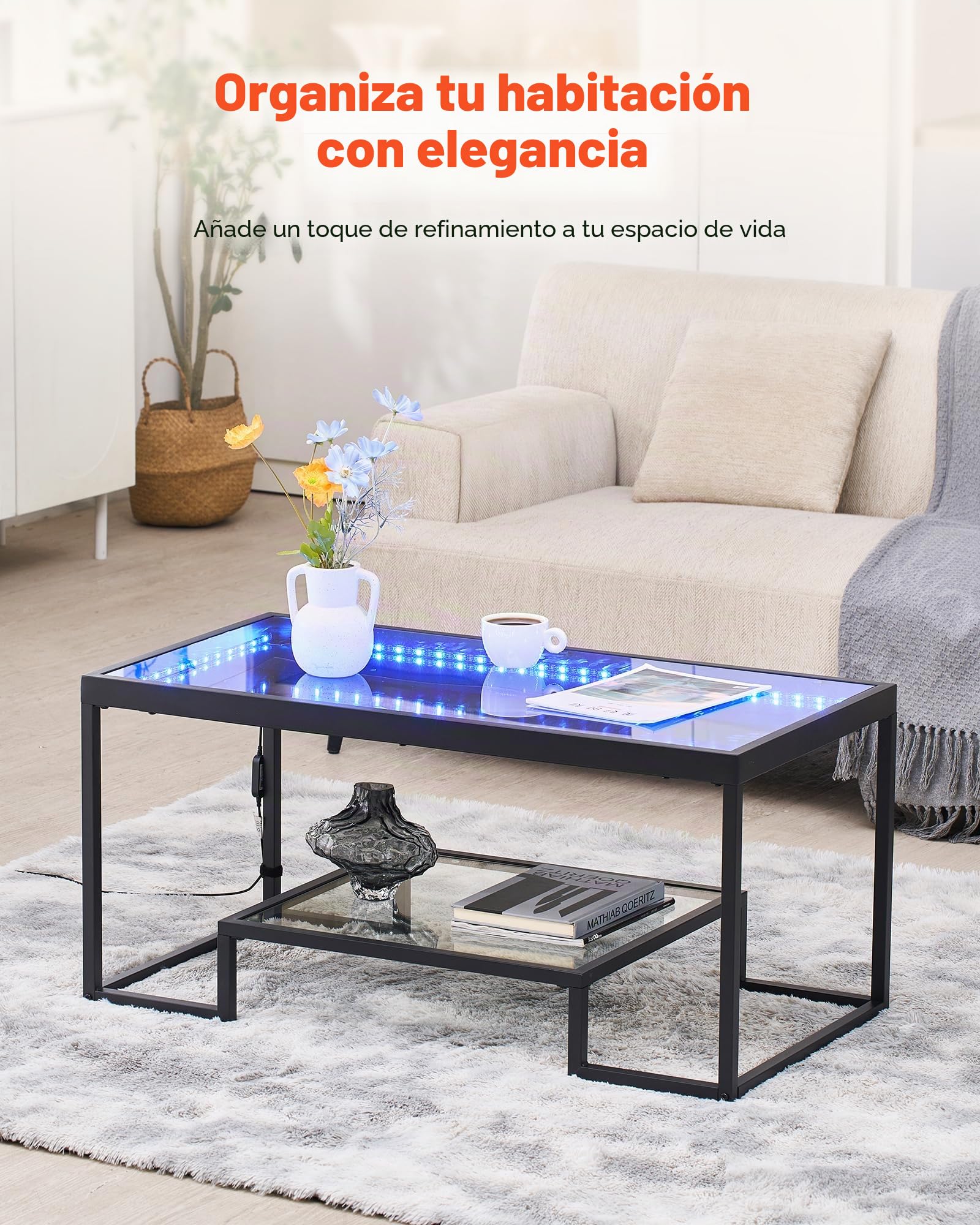 VEVOR Mesa Auxiliar de Cristal Templado con Iluminación, Rectangular, con Dos Niveles y Espacio de Almacenamiento Abierto, Estilo Industrial Moderno, para Salón u Oficina, 100 x 51 x 48 cm, Negro