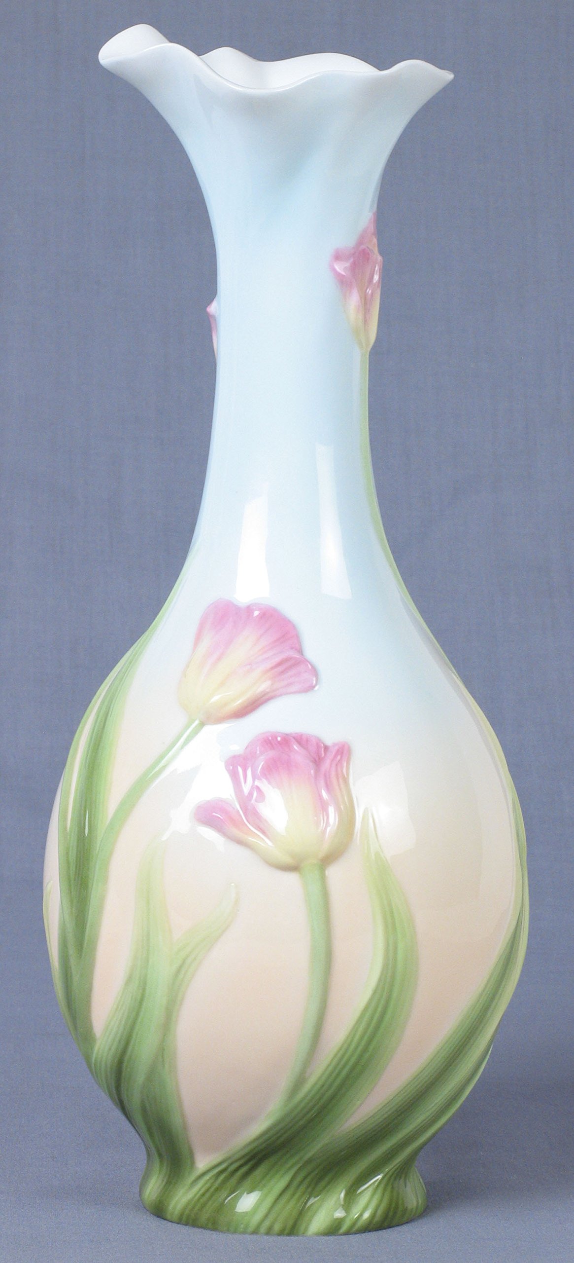 US10.5 Inch Blue and Pink Glazed Porcelain Tulip Bud Vase Fluted Mouth