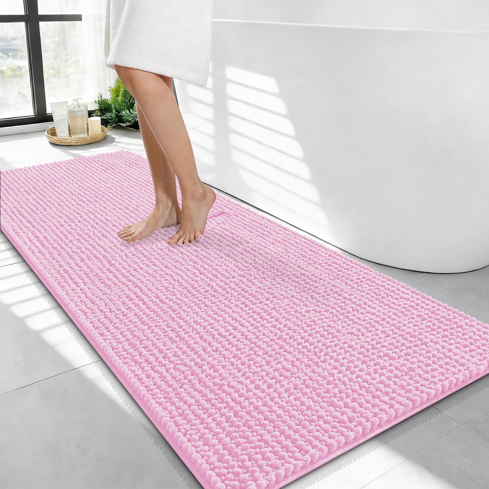 OLANLY Thick Chenille Bathroom Runner Rugs 44x24, Absorbent Bath Mat, Pink
