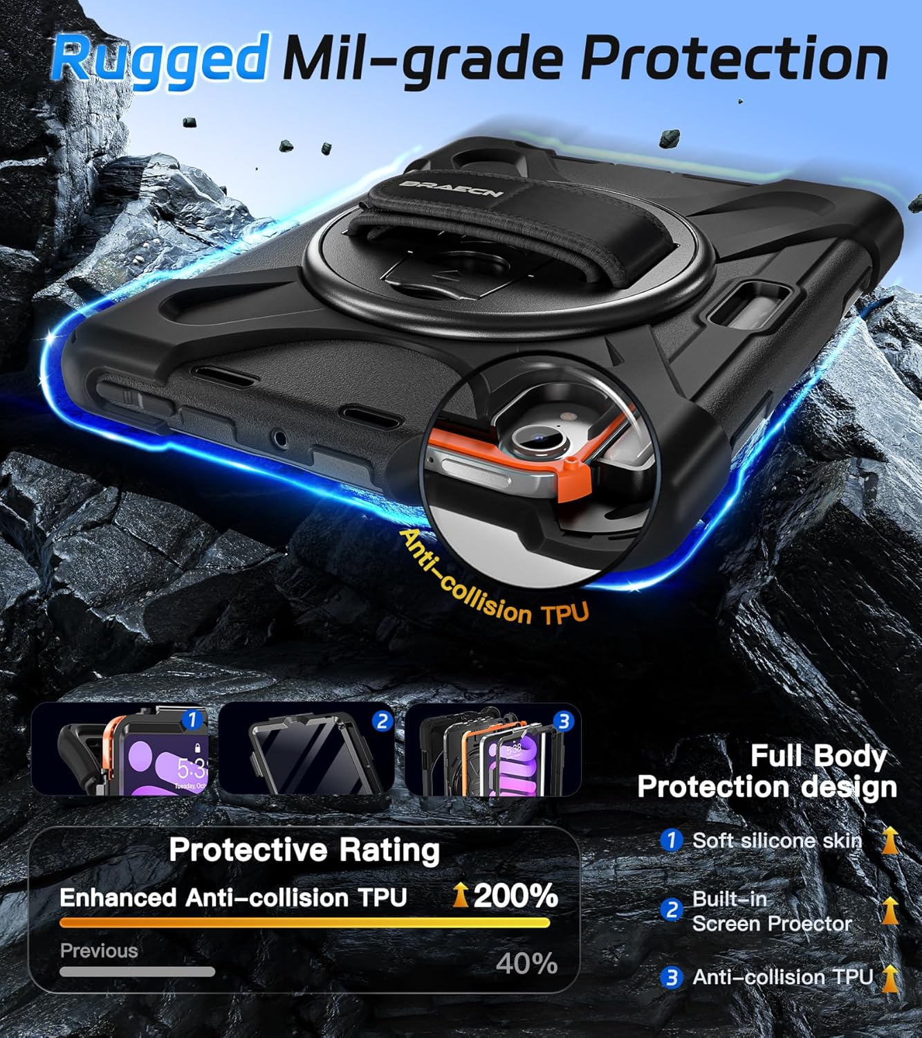 BRAECNstock Case for Apple iPad mini 7 (A17 Pro) 2024/ Mini 6 2021 8.3", Rugged Protective with Screen Protector, Pencil Holder, Rotating Hand Strap & Stand, iPad mini 7th/6th Gen Case Kids, Black