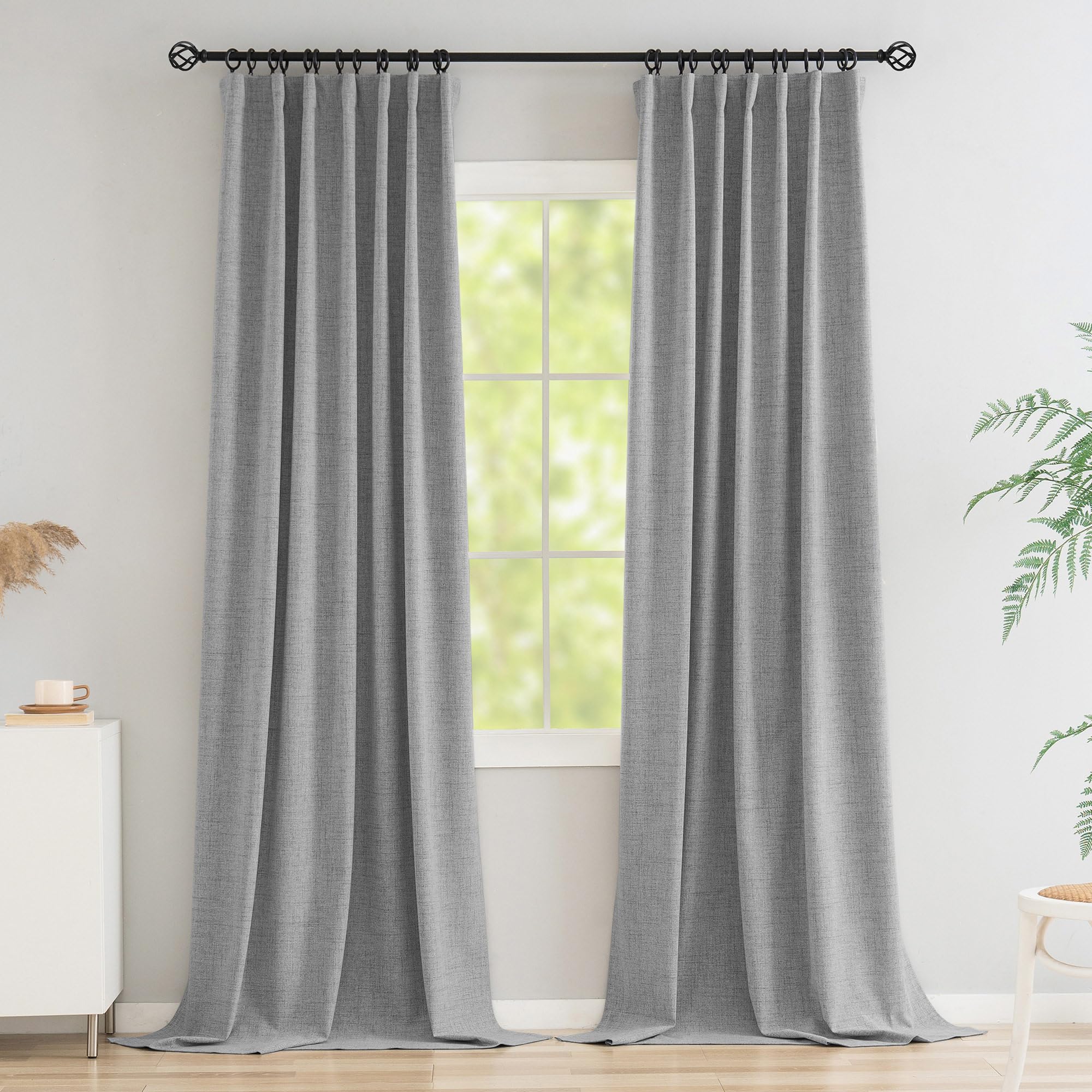 Novecozy 100% Blackout Curtains 90 Inches Length Long,Linen Thermal Insulated Curtains & Drapes for Bedroom/Living Room,Rod Pocket/Back Tab/Hook Belt/Ring Clips (2 Panels,W50 x L90 Inch,Light Grey)