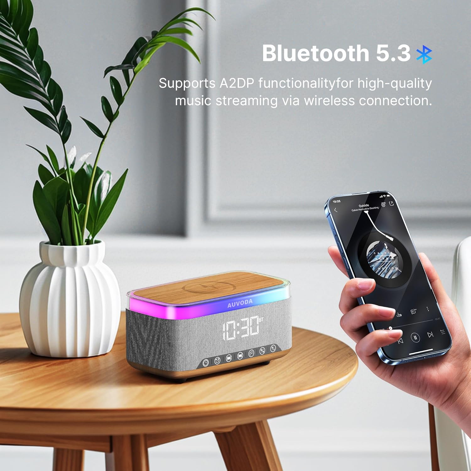 S300 Bluetooth Speaker, Portable Speaker with 15W Wireless Charging, 13-Color Night Light, Alarm, White Noise, Radio, 16W Stereo, TWS, BT5.3, Wireless Speaker for Home Office Bedroom, Wood