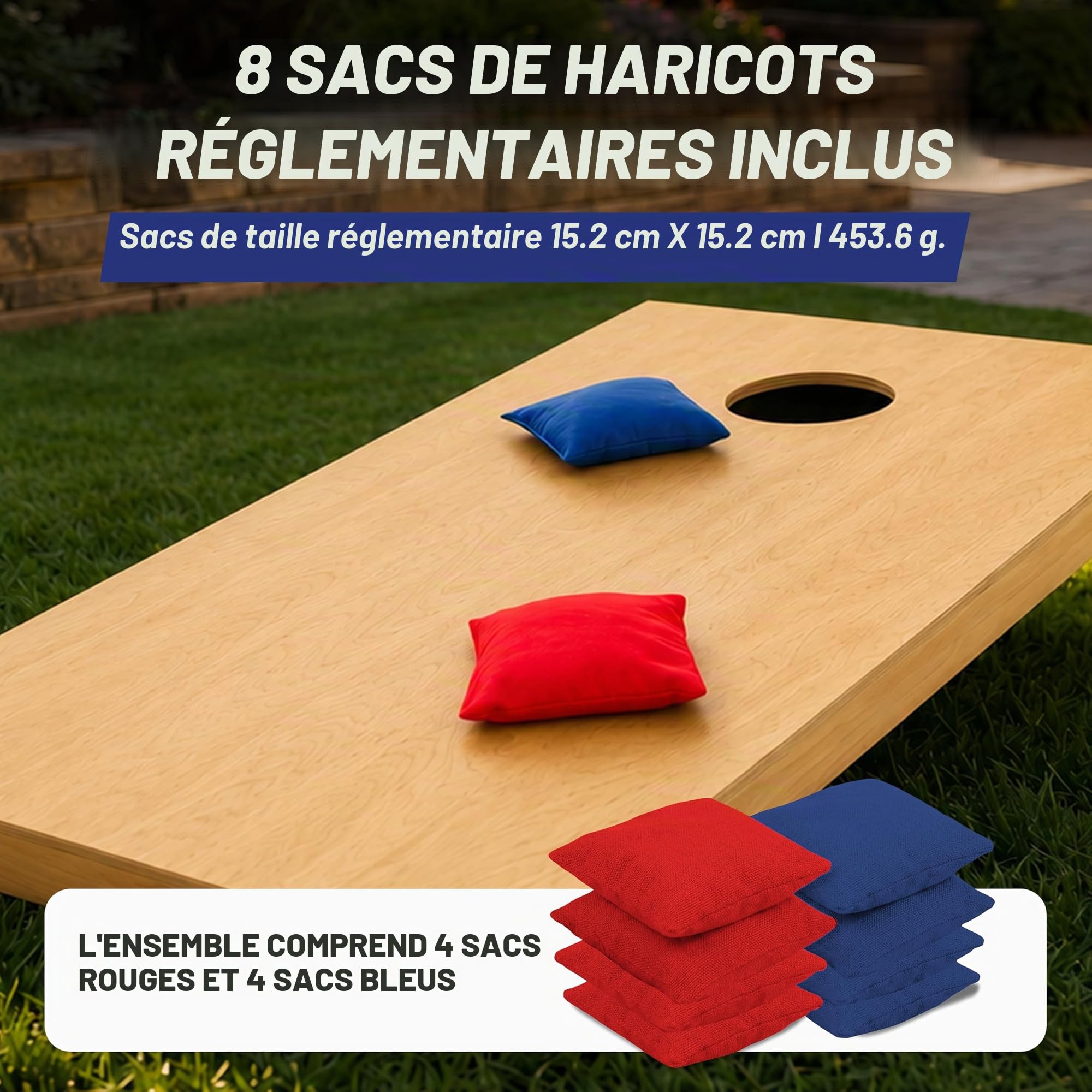 GoSports Ensemble de Cornhole de qualité supérieure en Bois Massif – Choisissez Entre 1,2 m x 6,1 m ou 0,9 m x 6,1 m, Comprend Un Lot de 8 Sacs à Lancer de Trous de maïs