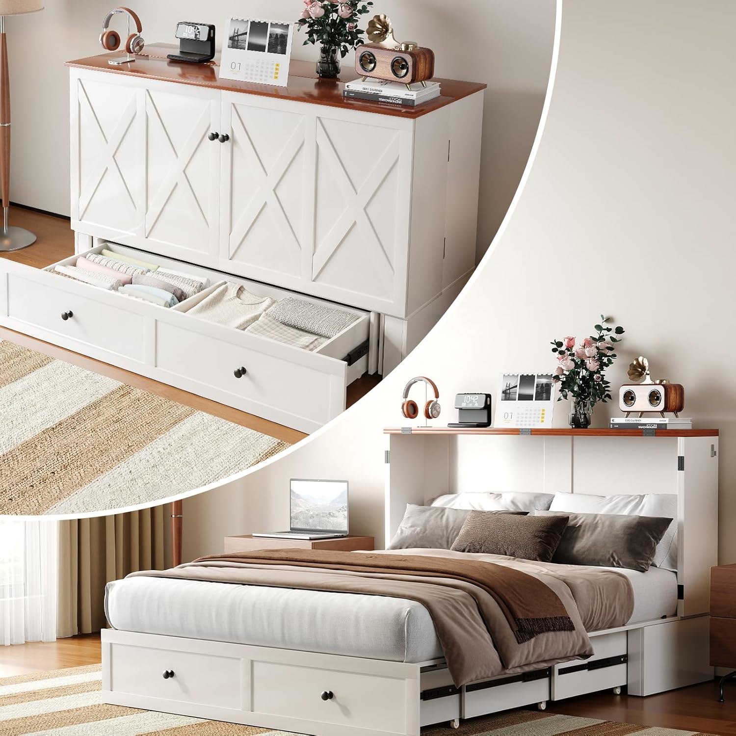 Full Size Murphy Bed Cabinet with Tri-Folding Mattress, Hidden Guest Bed with Storage Drawers & Built-in USB Charging Station, Cabinet Murphy Chest Beds for Living Room, Bedroom - White