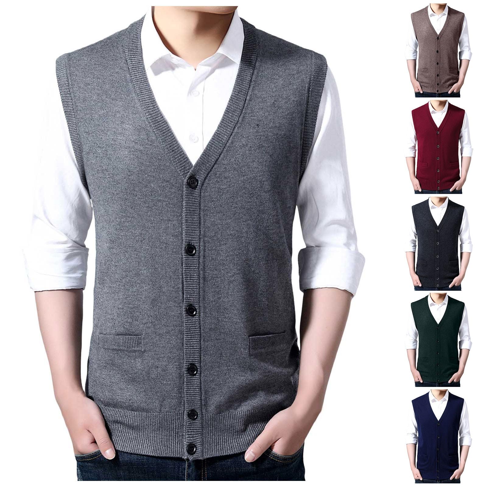 Gilet pour homme en laine mélangée avec boutons, col en V, couleur unie, sans manches, cardigan, poches, débardeur en polaire, débardeur automne hiver chaud