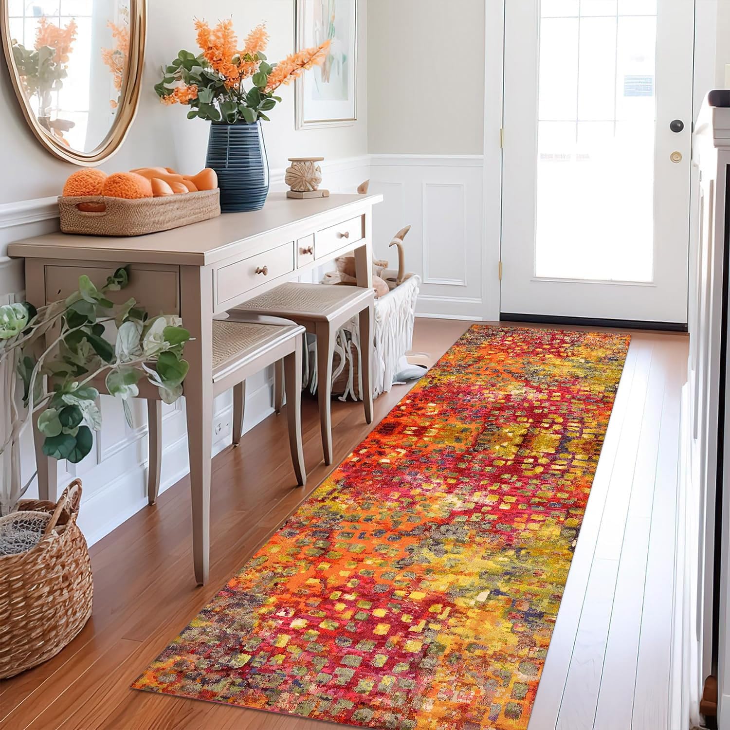 Tapis de couloir, cuisine, antidérapant, lavable, design moderne, jaune, rouge, orange, 70 x 400 cm, vendu au mètre, pour salle à manger, chambre à coucher, salon