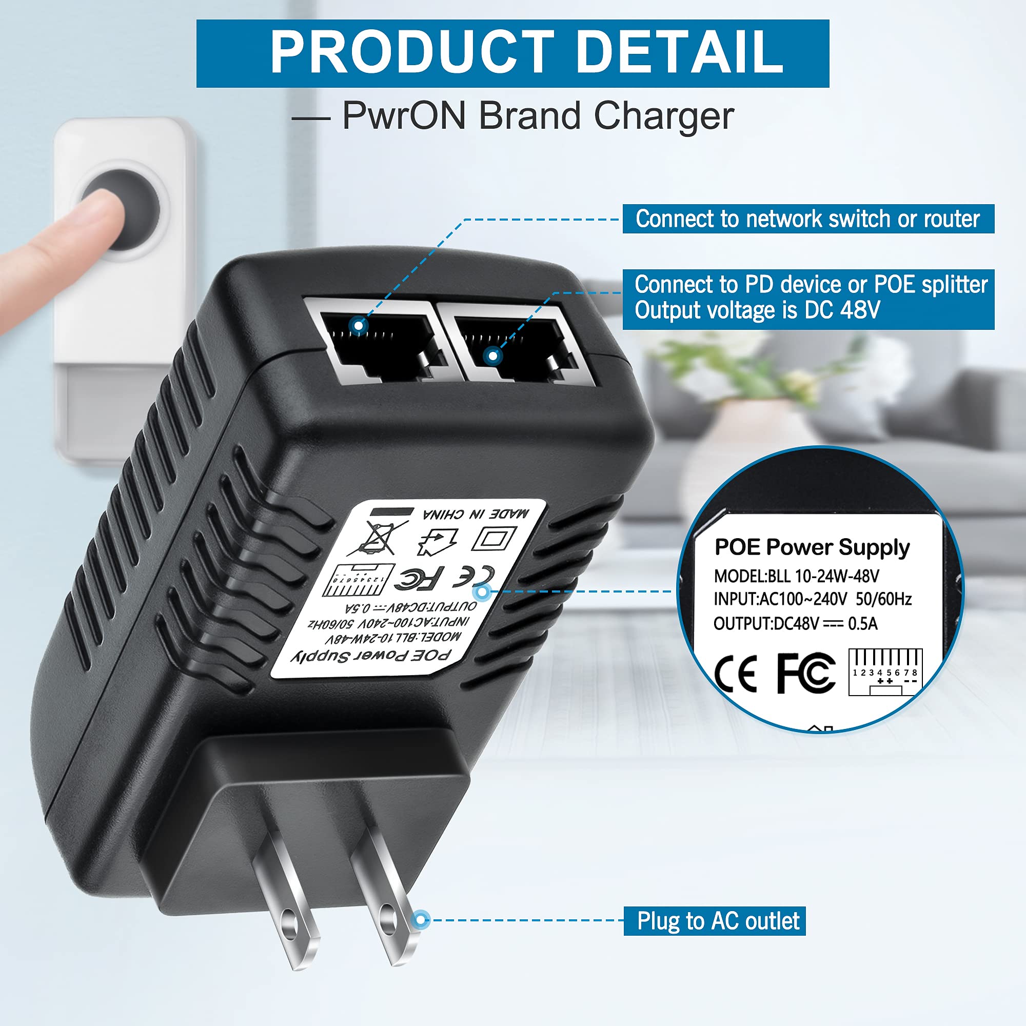PwrON Wall Plug POE Injector with 48V Power Supply IEEE802.3af for Most Cisco/Polycom/Aastra IP Voip Phones Camera and More, 10/100Mbps