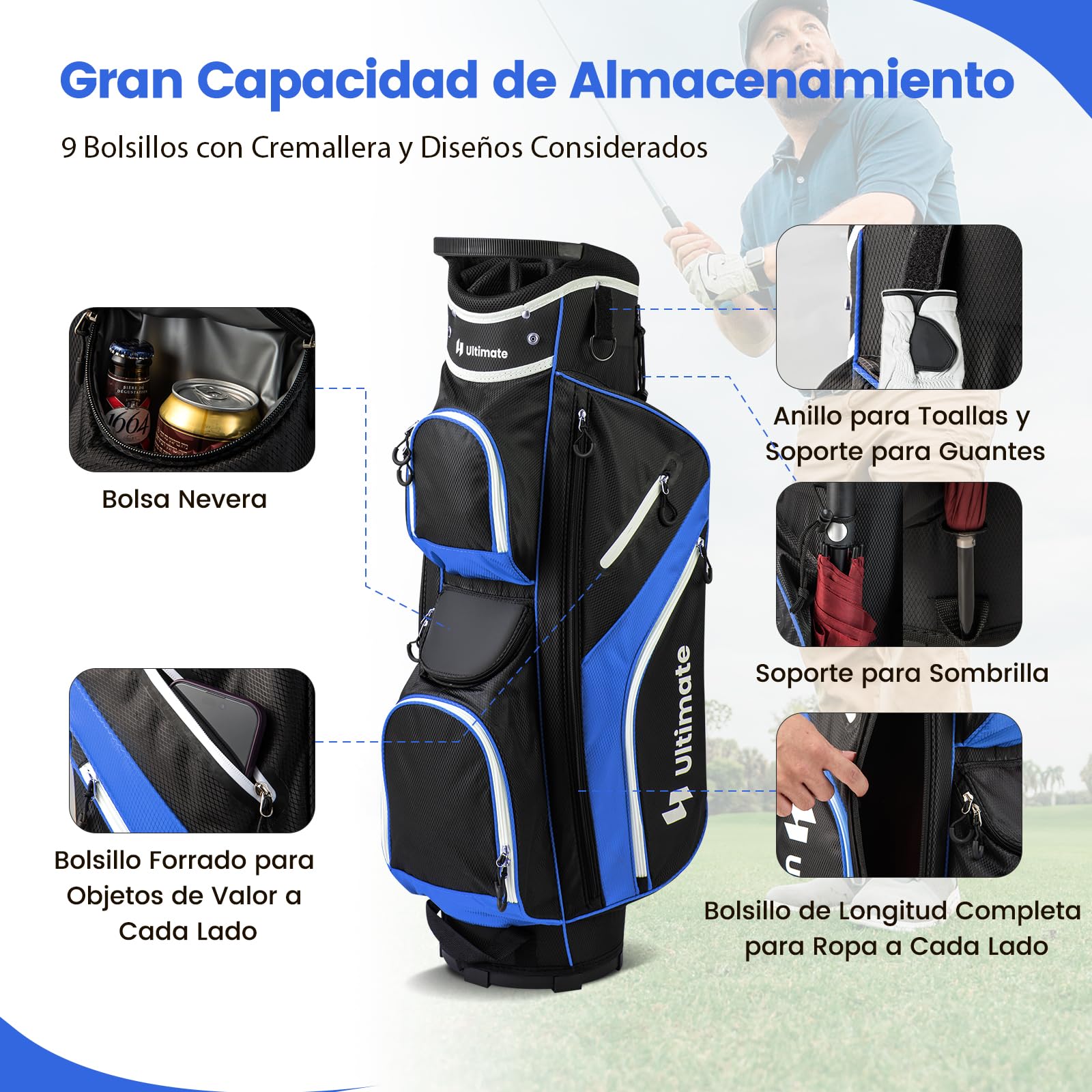 COSTWAY Bolsa de Golf, Bolsa de Palos de Golf con Separadores Superiores de 14 Vías, 9 Bolsillos, Enfriadora, para Zapatos, Soporte para Paraguas y Cubierta para Lluvia