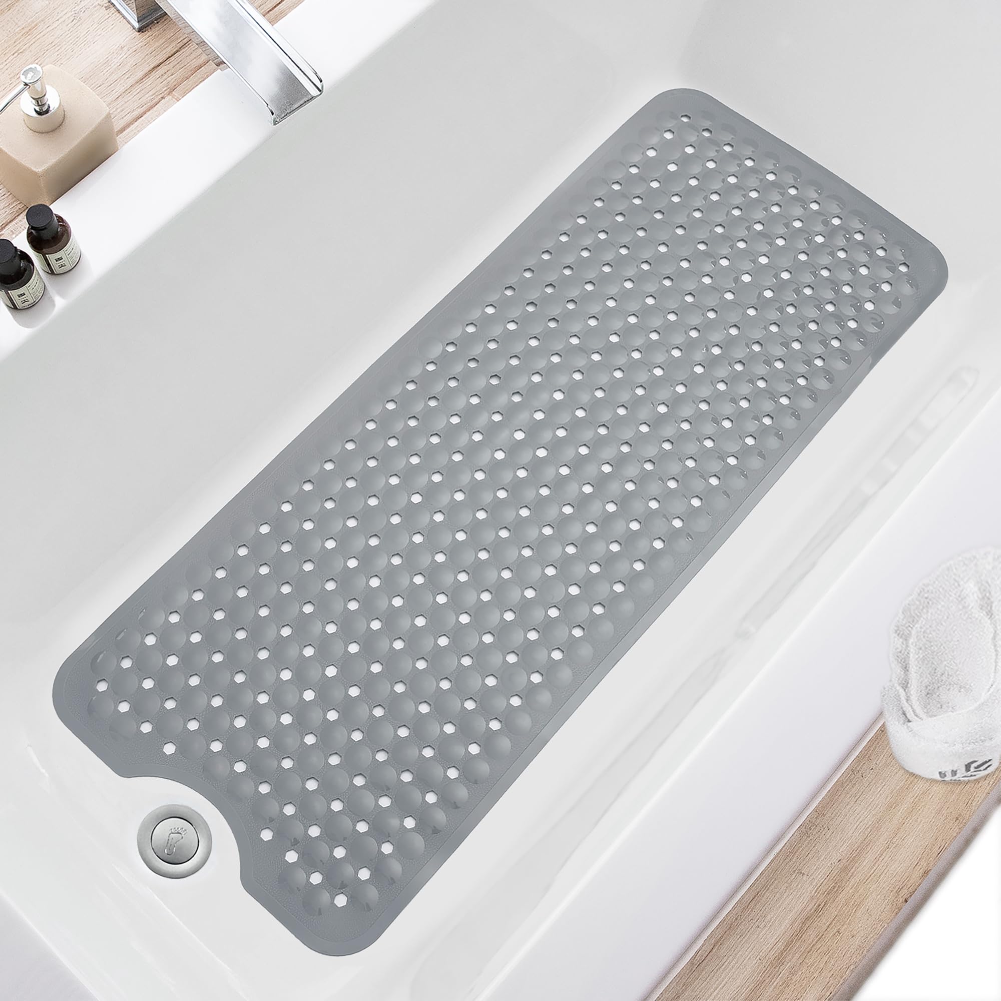 Non Slip 40 x 16 Inch Extra Large Bathtub Mat with Drain Holes, Gray B56189