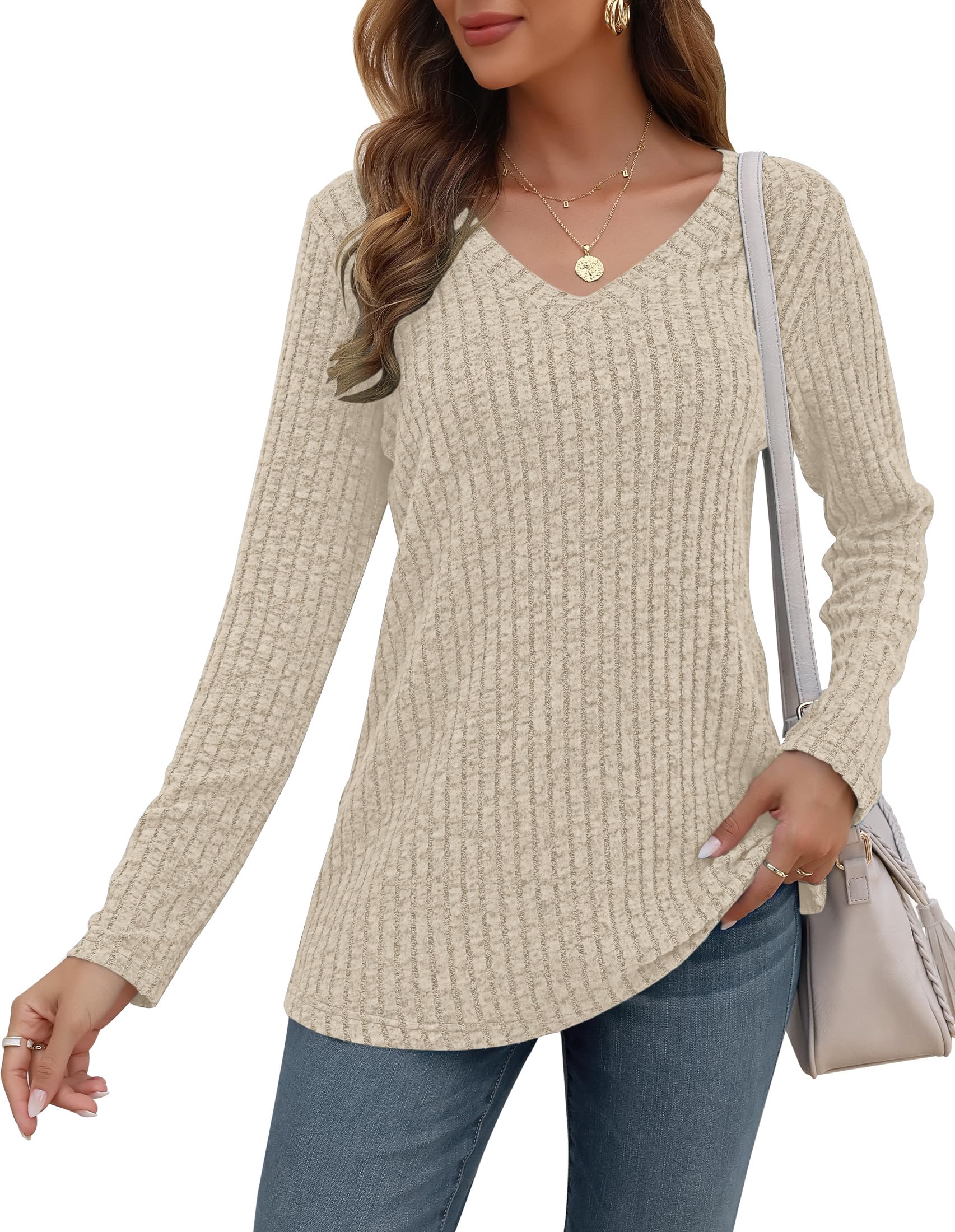 AUSELILY Maglioni a Maniche Lunghe da Donna Pullover Leggero Maglioni con Scollo a V Felpe Casual Top a Maniche Lunghe