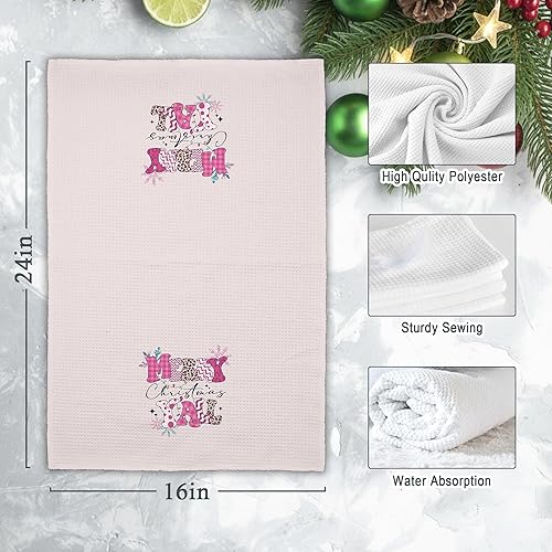 Miniatura 8 de Pink Merry Christmas Y'all - Juego de 2 toallas de cocina de Papá Noel, divertidas toallas de mano retro para decoración de baño de niñas, toalla de
