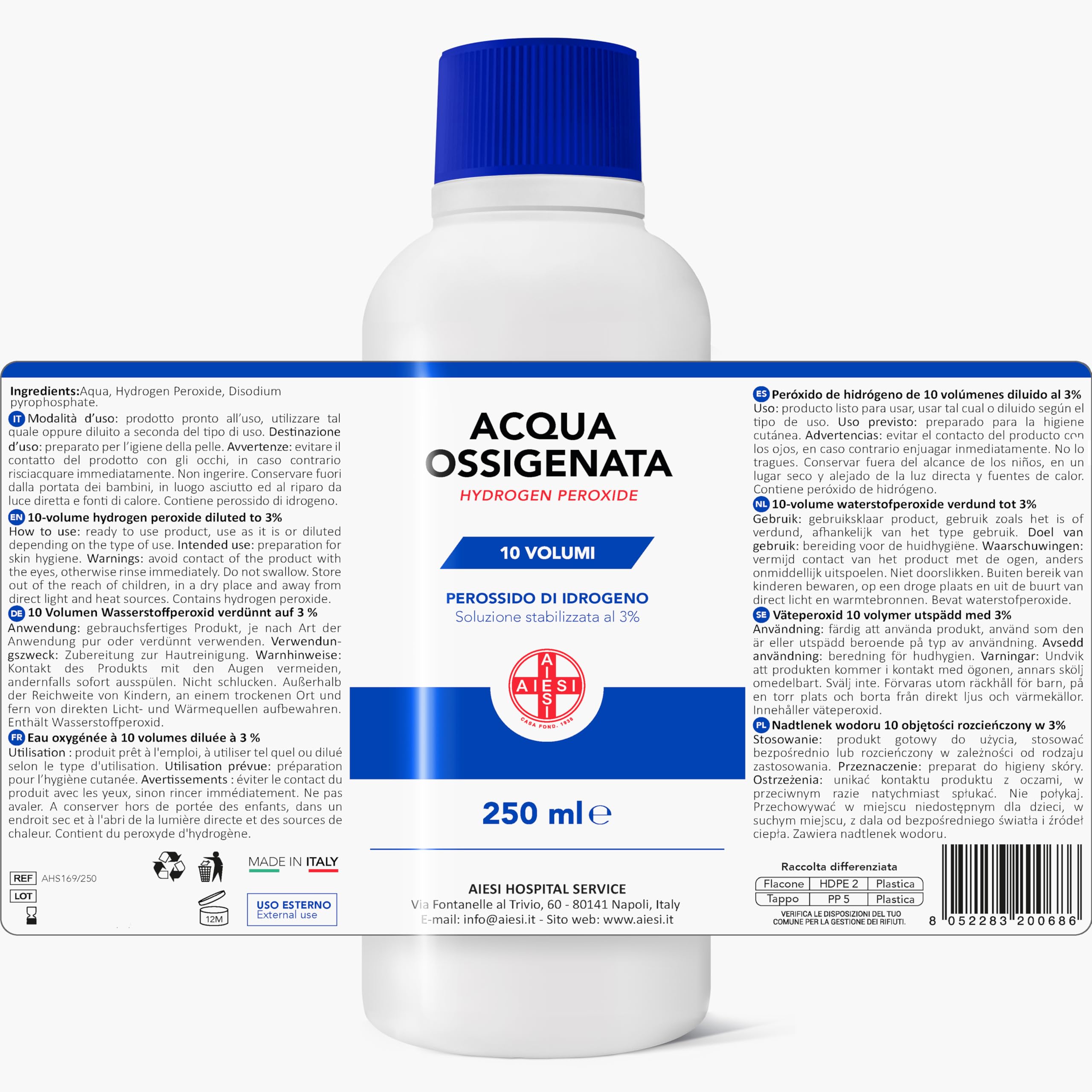 AIESI® Agua Oxigenada Ph.Eur. desinfectante (12x250 ml) con tapa de seguridad para niños, Made in Italy
