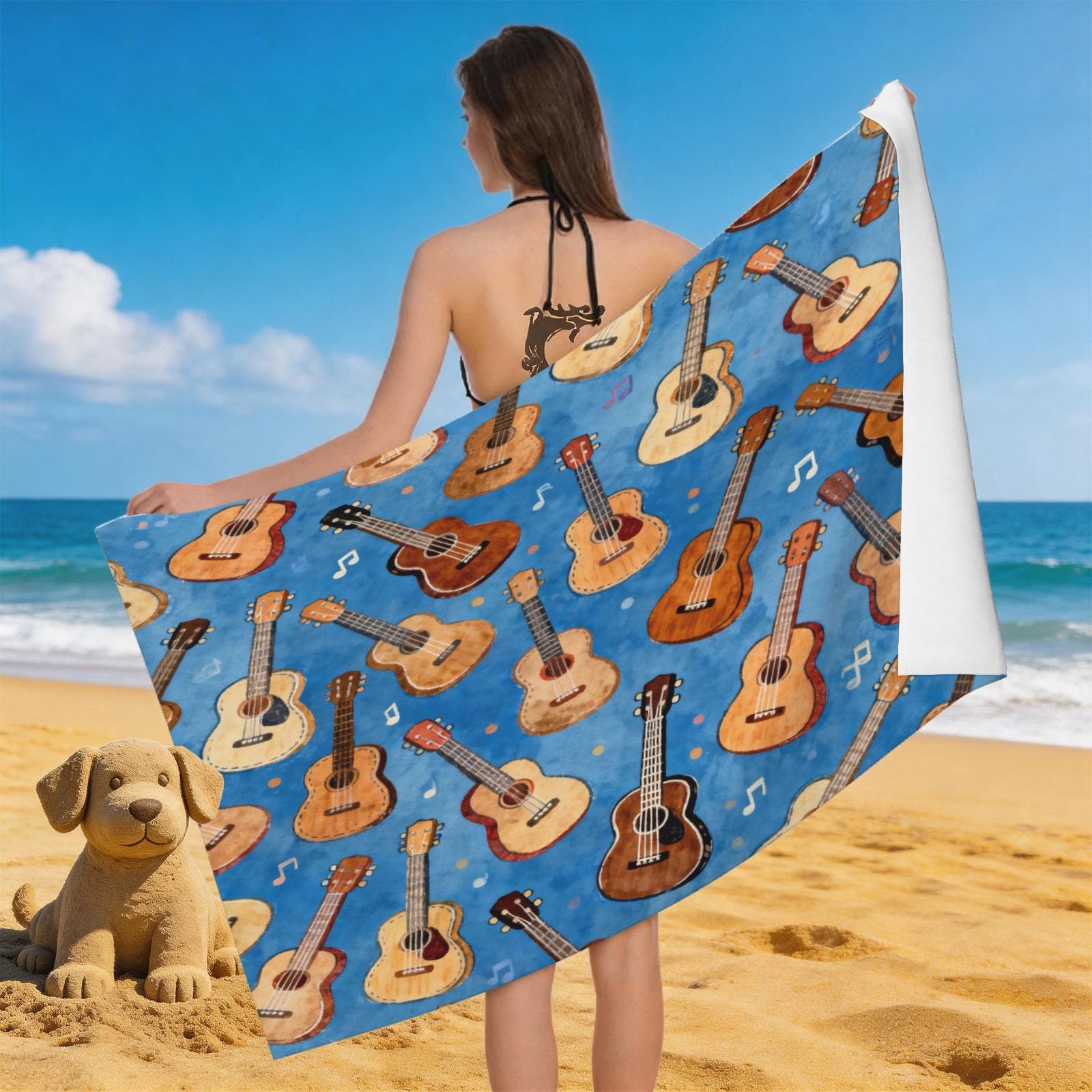 Leichong 3D Guitar Printed Beach Towel Large Microfiber Soft Quick Dry for Adults, Music Theme Bath Towel Lightweight Soft Absorbent for Travel Swimming Pool Sports, 180 x 90 cm