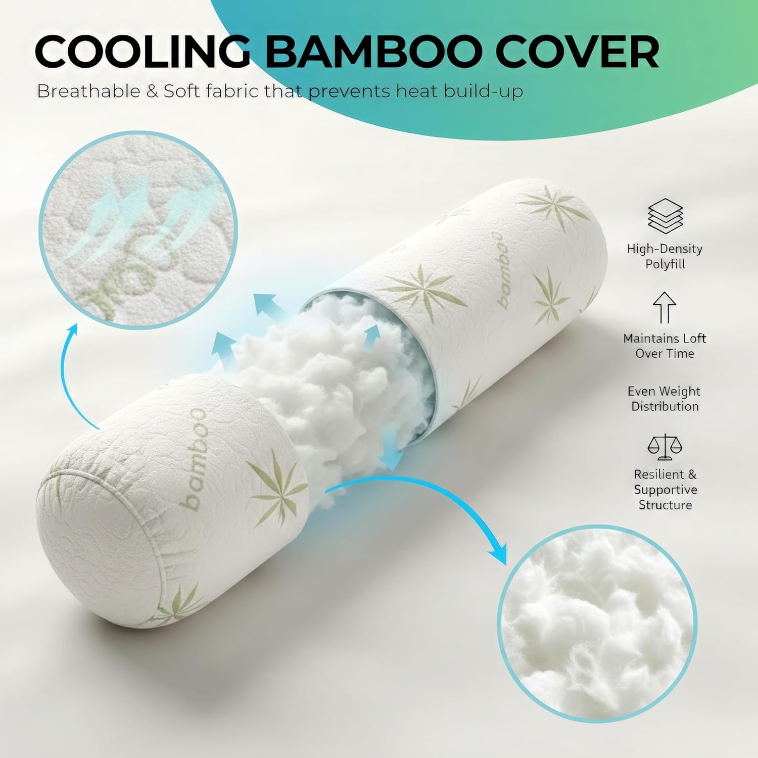 Sacred Thread Cylinder Shaped Long Pillow for Bed, Cooling Rayon Derived from Bamboo Body Pillow for Side Sleepers, Soft and Supportive Full Body Pillows for Adults (46.5”x8”) (White)