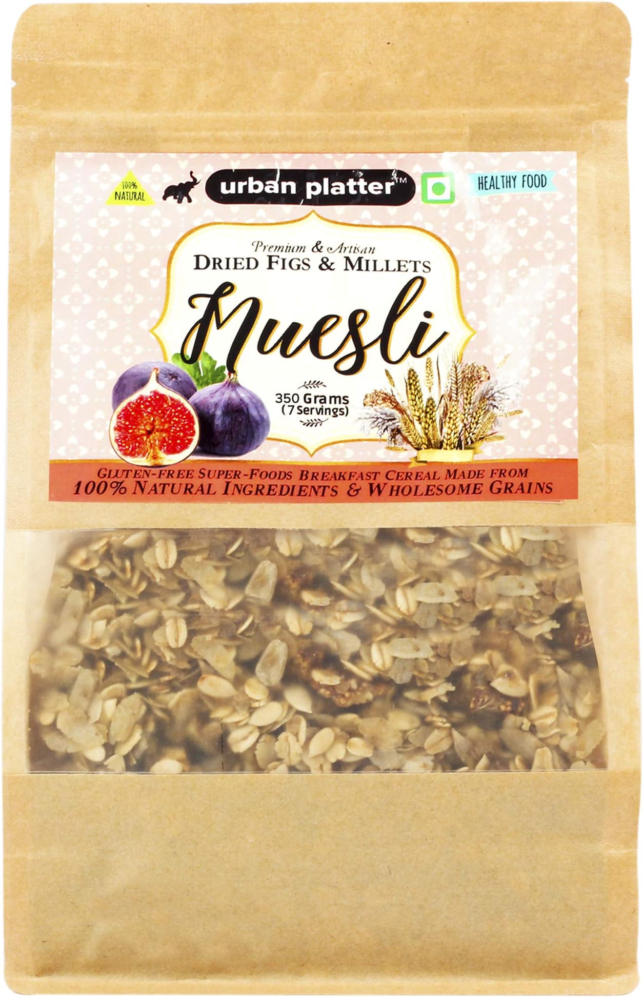 Urban Platter Nut Delight Muesli- Dried Figs & Millets, 350g / 12.3oz [No Added Sugar, Gluten-Free, Wholegrain Breakfast Cereal]
