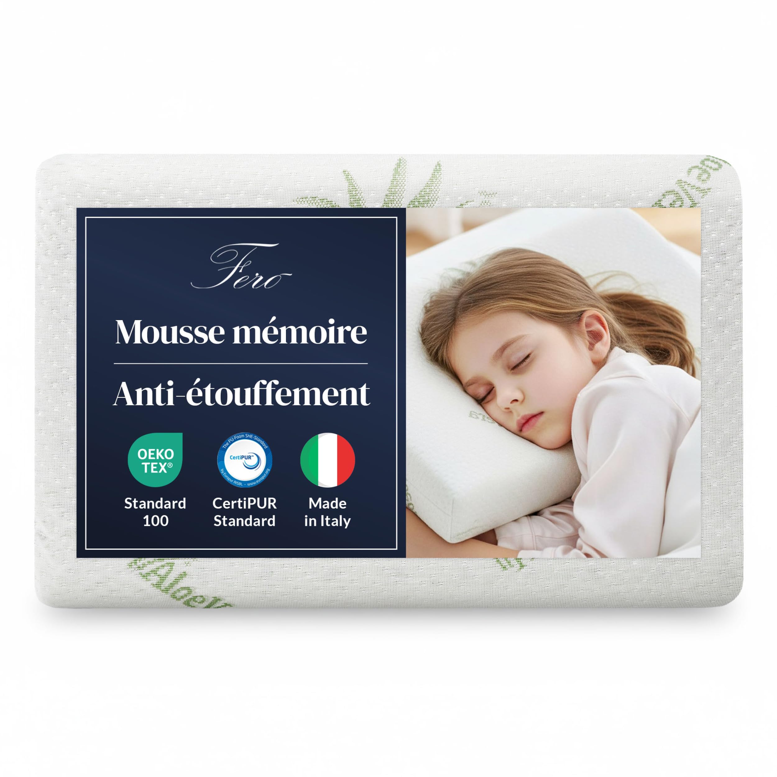 Ferò Oreiller Enfant Anti-Étouffement 30x50x5,5 cm en Mousse à Mémoire de Forme, Oeko-TEX® et CertiPUR™, avec Housse Amovible à l’Aloe Vera, Oreiller Enfant 2 Ans, Fabriqué en Italie