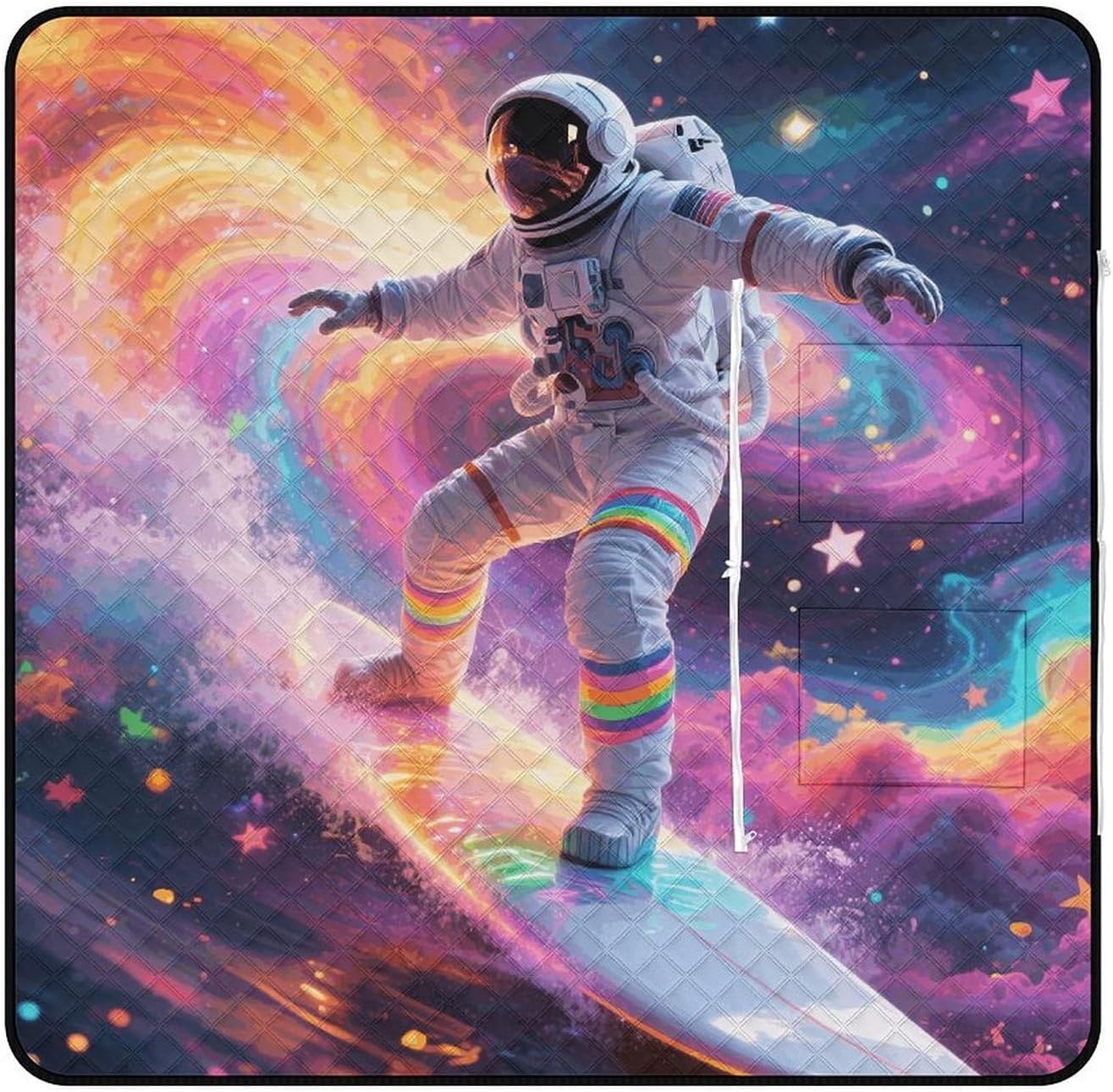 Colorful Astronaut Picnic Blanket 150x150cm, Foldable 2-in-1 Picnic Mat and Tote Bag Portable Waterproof Beach Mat Sandproof Outdoor Blanket for Park, Hiking, Beach, Camping, Travel