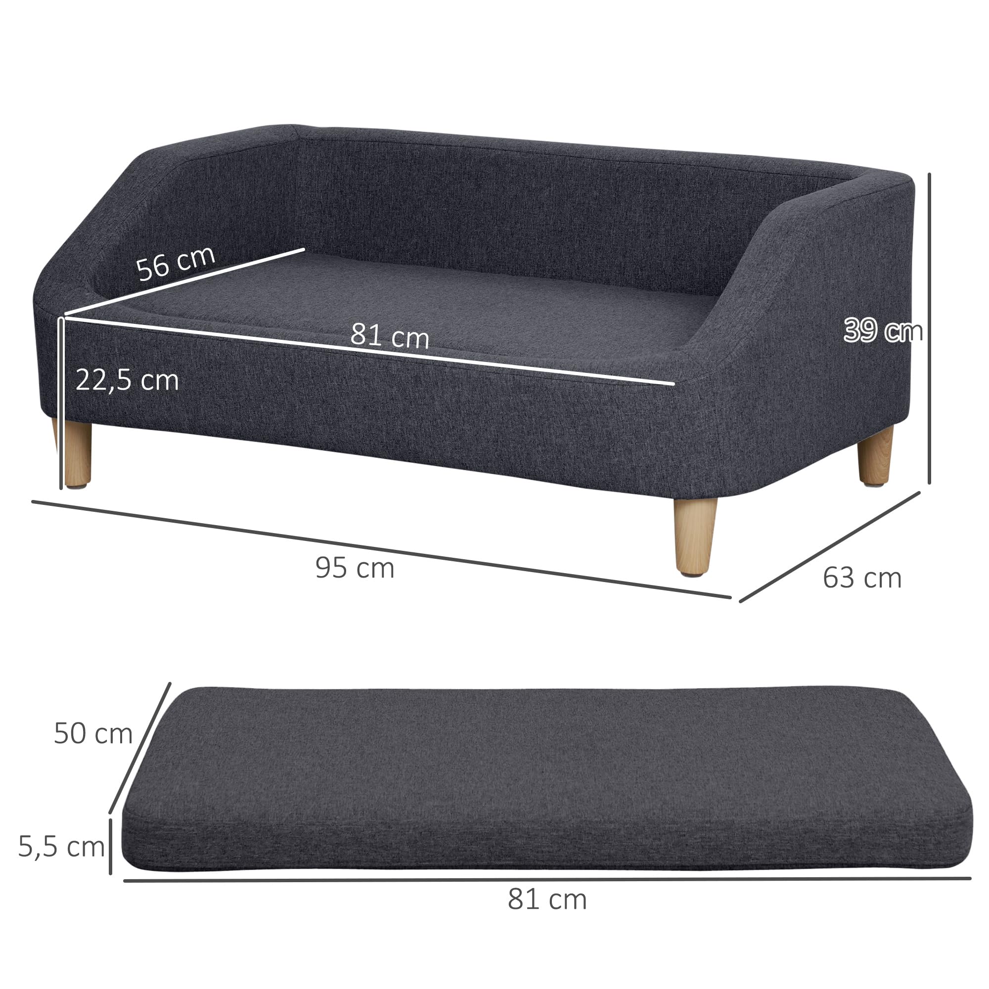 PawHut Sofá para perros, sofá para mascotas, sofá para gatos, cama para perros medianos y grandes, sofá para perros con diseño elevado, sillón para perros con patas de madera, gris oscuro, 95 x 63 x
